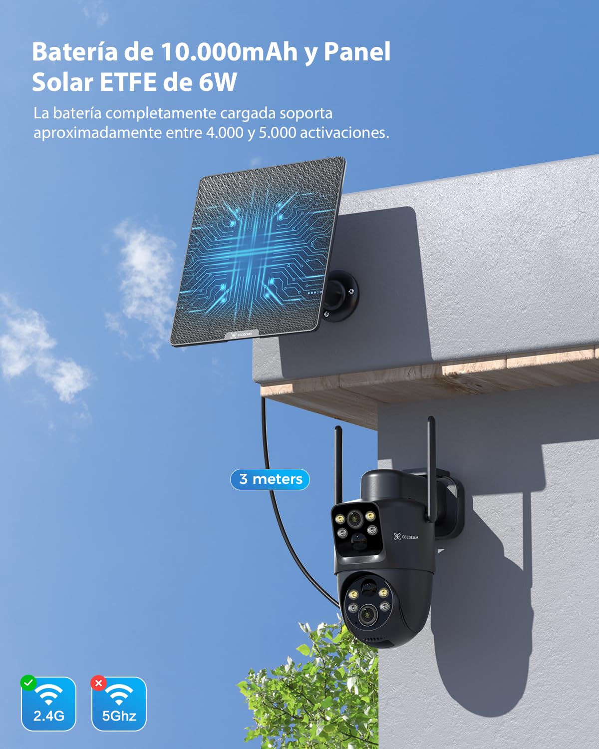 COCOCAM 2K Camara Vigilancia WiFi Exterior Solar Doble PIR Lente | Doble AI Humana Detección, Batería 10000mAh, Panel Solar 6W, Visión Nocturna Color, 355°P 90°T, IP66, Solo 2.4G WiFi