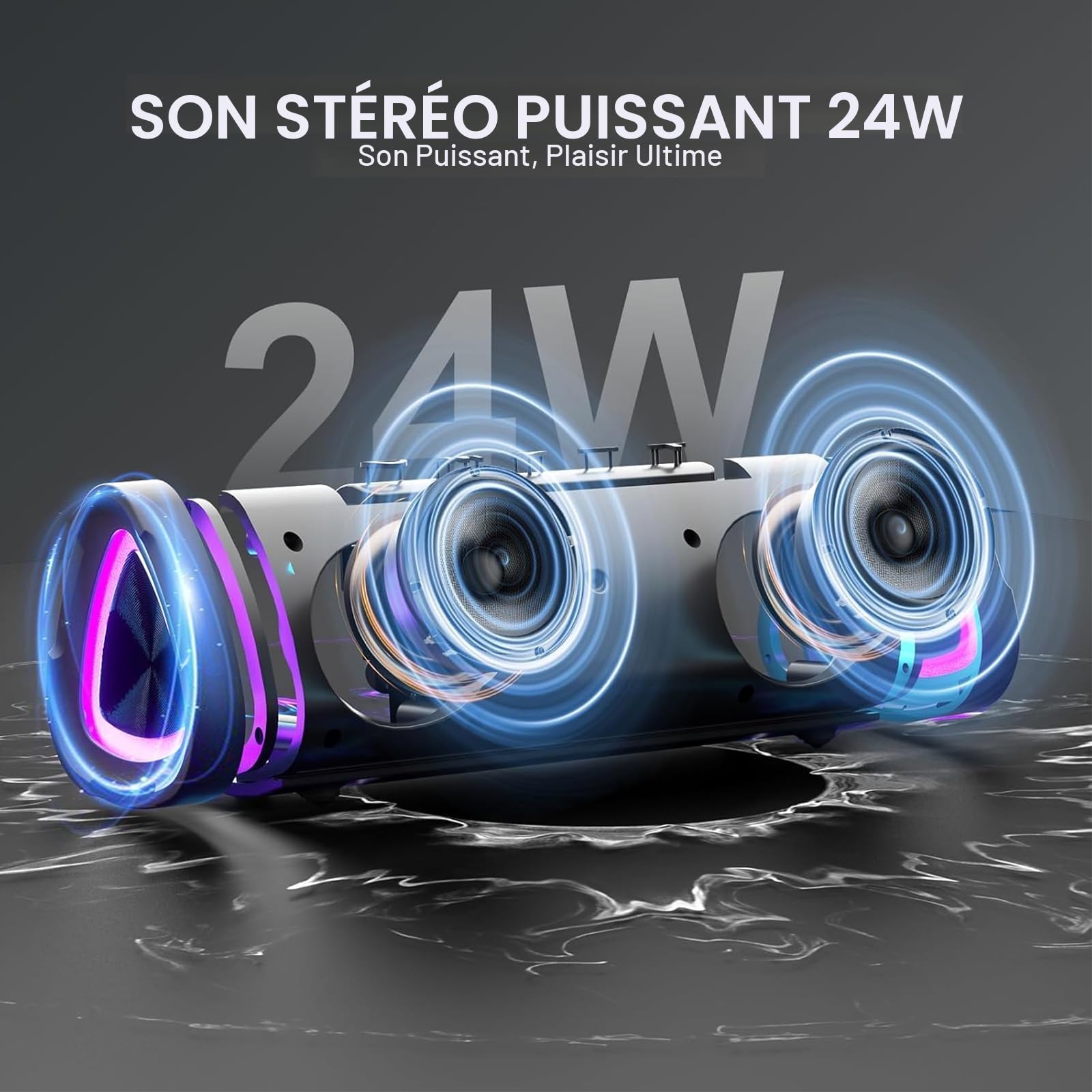 aowoka 2025 Enceinte Bluetooth Portable sans Fil avec Lumière LED, Bluetooth 5.4, 24 hrs, Basses Puissantes, Surround Stéréo, Étanche IPX7, Idéal pour Les Voyages/Sport/Fêtes/Cyclisme, Noir