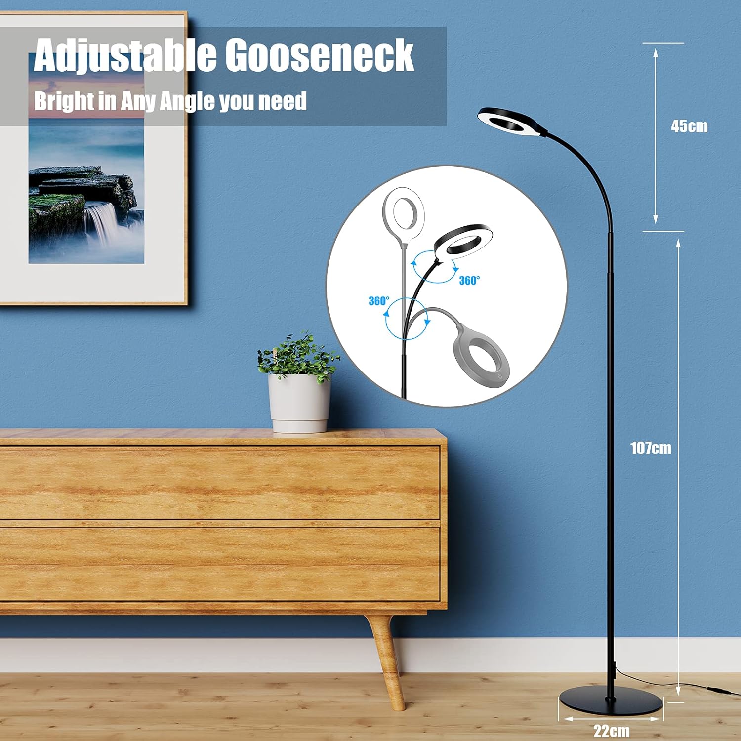 JKSWT LED Floor Lamp, 3 Brightness Levels Eye-Caring Dimmable Standing Reading Lamp 4000K Colors temperatures with Adjustable for Living Room Bedroom Reading - Black