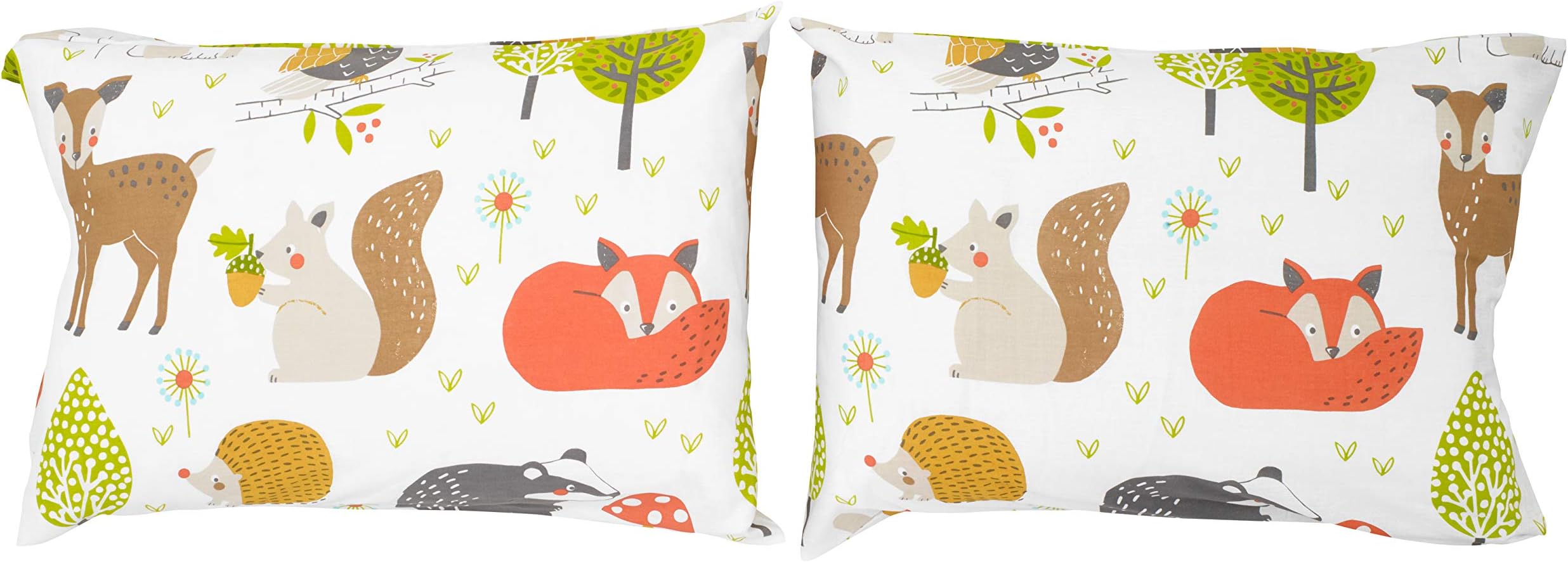 Bloomsbury Mill - Kids Pillow Cases 2 Pack - Woodland Animals Design - Pillow Covers for Boys & Girls Duvet Cover Sets or Kids Travel Pillow - Pair of Childrens Pillowcases (Extra) - 50x75cm