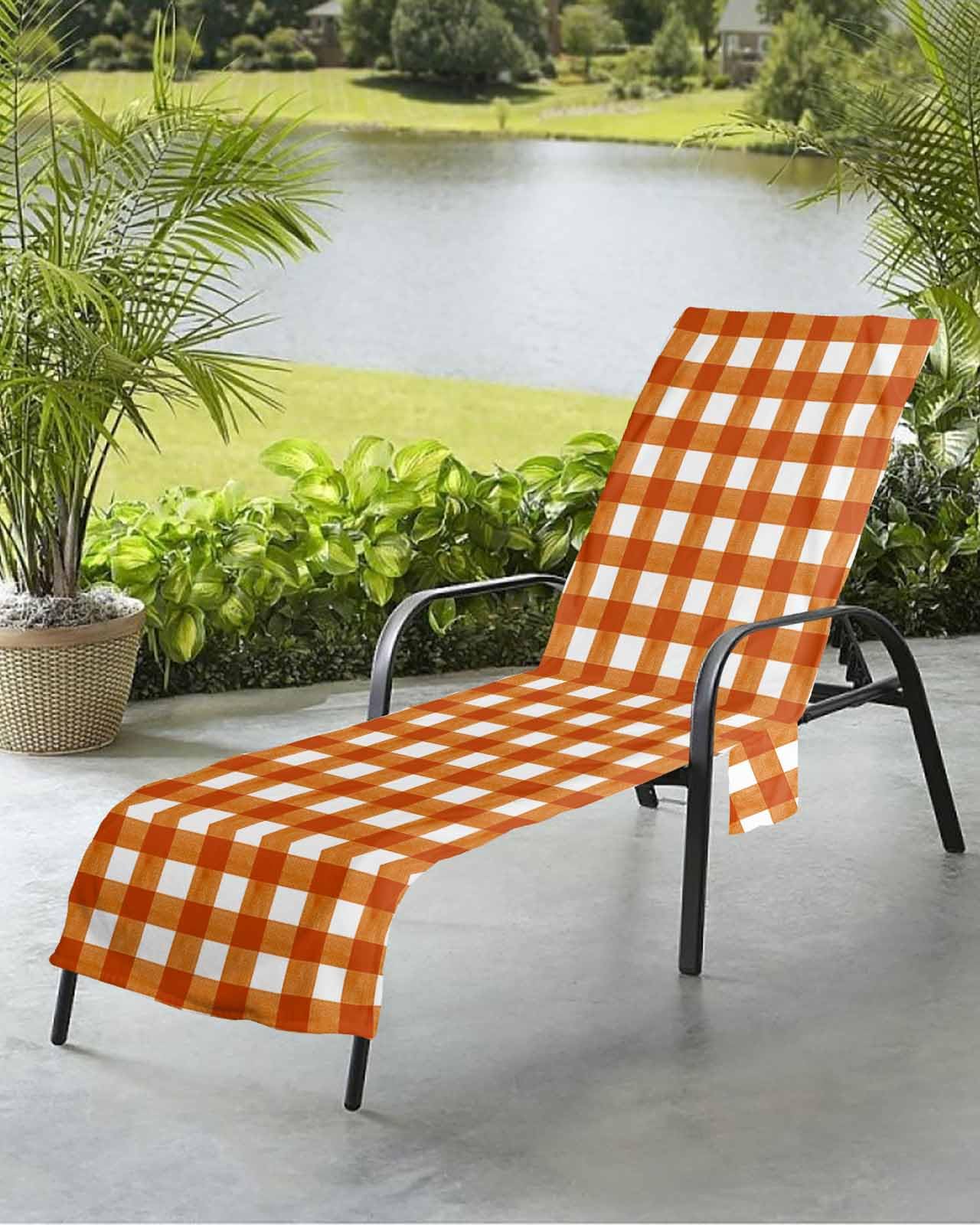 Burnt Orange Beach Chair Towel Covers for Chaise Lounge with Side Pocket, Soft Plush Pool Towels Cover for Patio Sunbathing Outdoor 29''x85'' Buffalo Plaid Checkered Pastoral Country