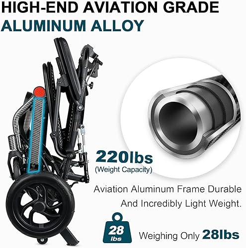 Miniatura 6 de WEYRAL Silla de ruedas portátil de transporte más ligera del mundo (solo 16 libras), sillas de ruedas de transporte plegables para adultos y
