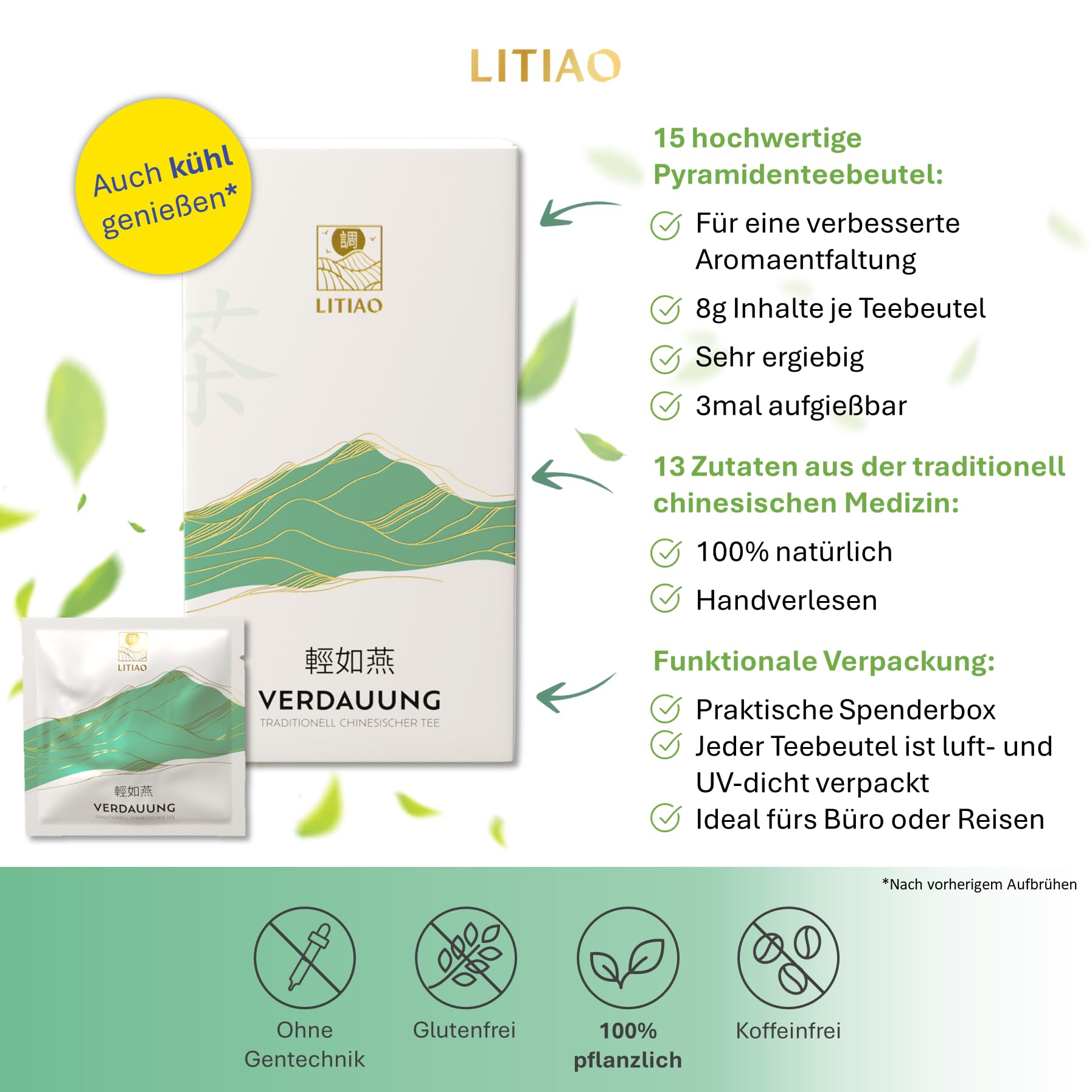 LITIAO VERDAUUNG - Traditionell Chinesischer Kräutertee | Mit 13 TCM-Kräutern | 45 Pyramidenteebeutel | Koffeinfrei | 3 Packung
