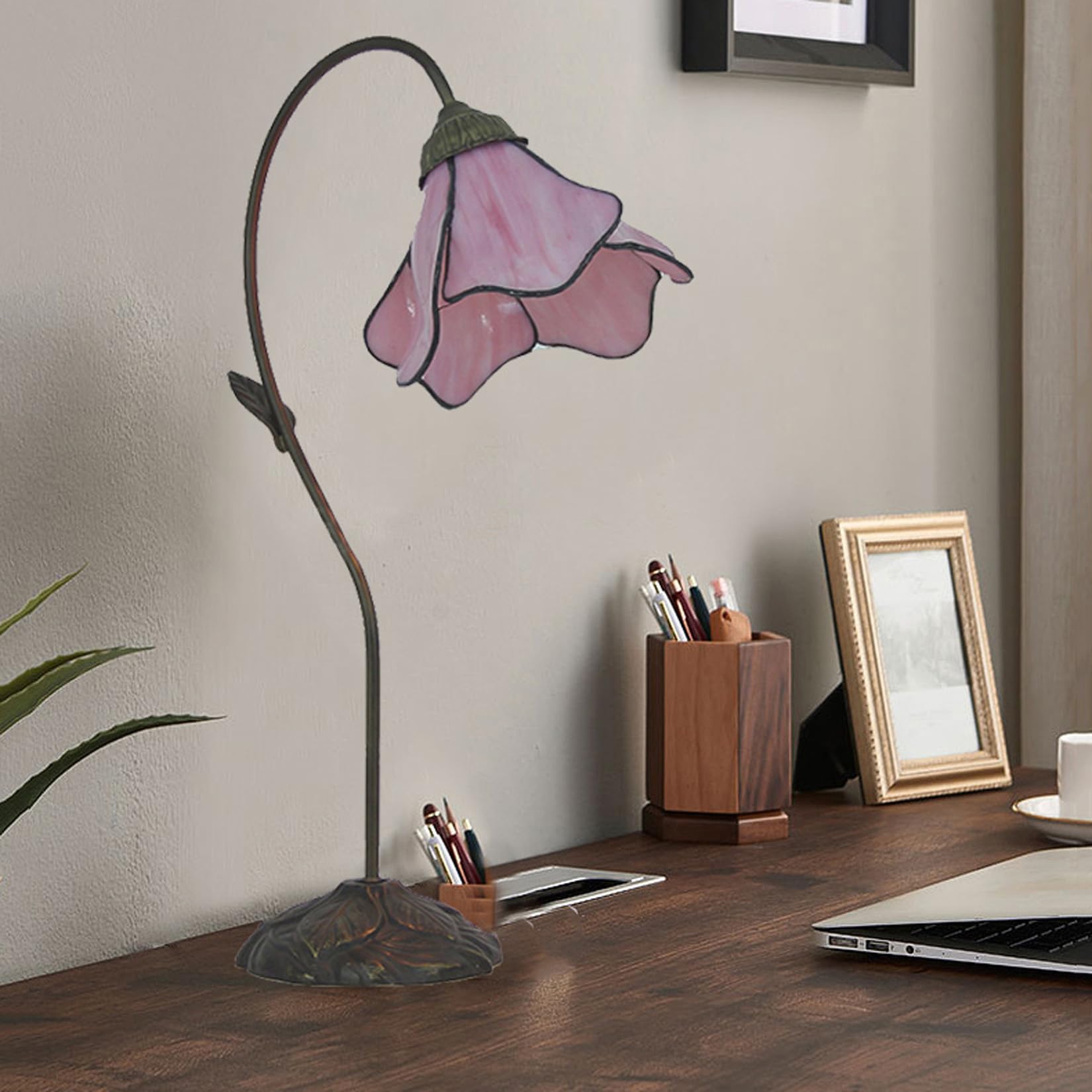 BOTOWI Blumen-Tischlampe im Tiffany-Stil Schwanenhals-Schreibtischleuchten aus Buntglas Vintage mediterrane Leselampen für Kinderzimmer, Wohnzimmer, Café, Bar, B 6,69 Zoll × H 23,62 Zoll,Rosa