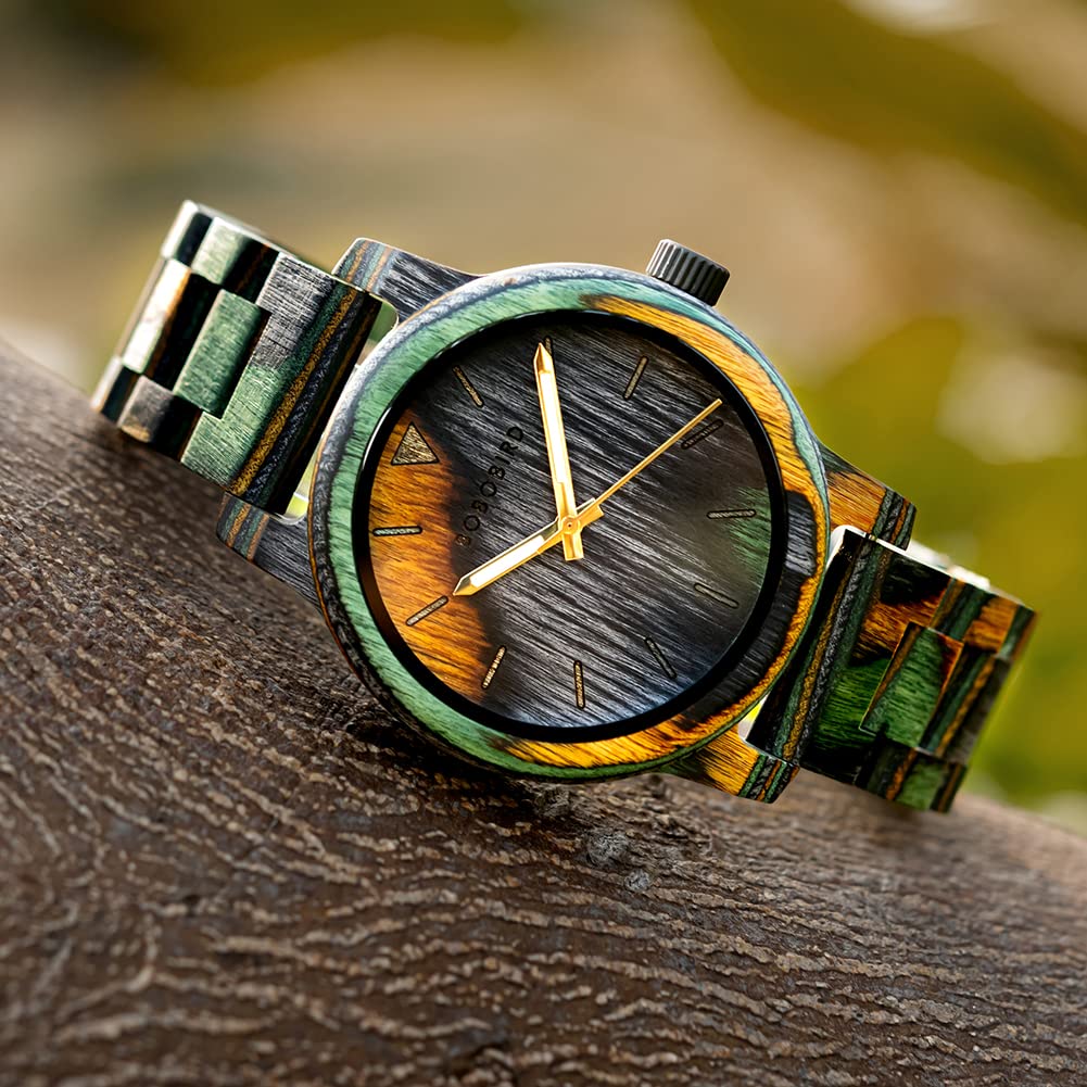 2win Relojes de madera coloridos para hombre, hechos a mano, de cuarzo, único, reloj de pulsera de aniversario, para hombres y mujeres, Correa de madera