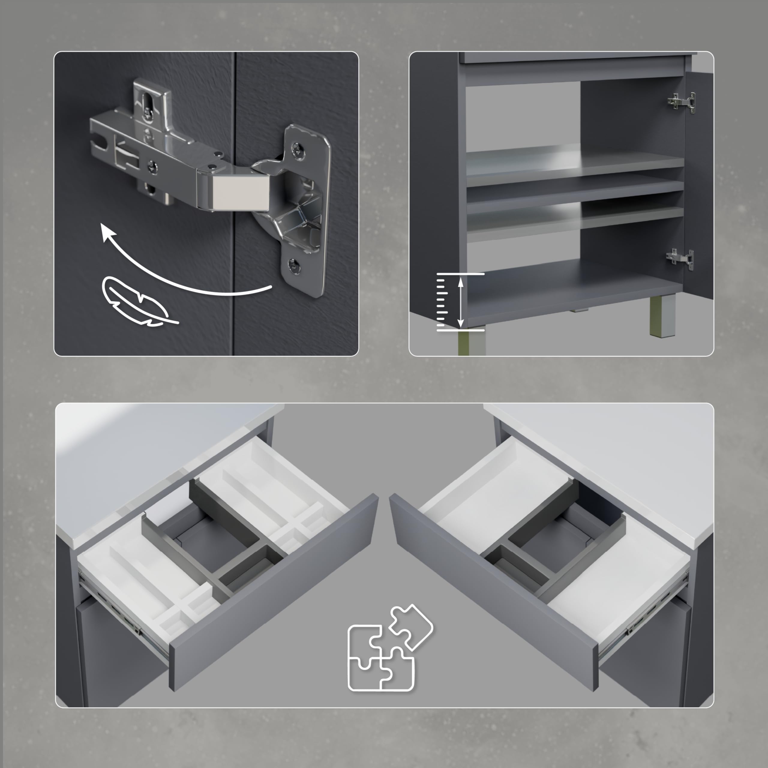 Modulo Badkamermeubel Met Wastafel | 160 Cm Grijs Eiken Vlak Front Mineraalmarmer 2 Lades Naast Elkaar 94036