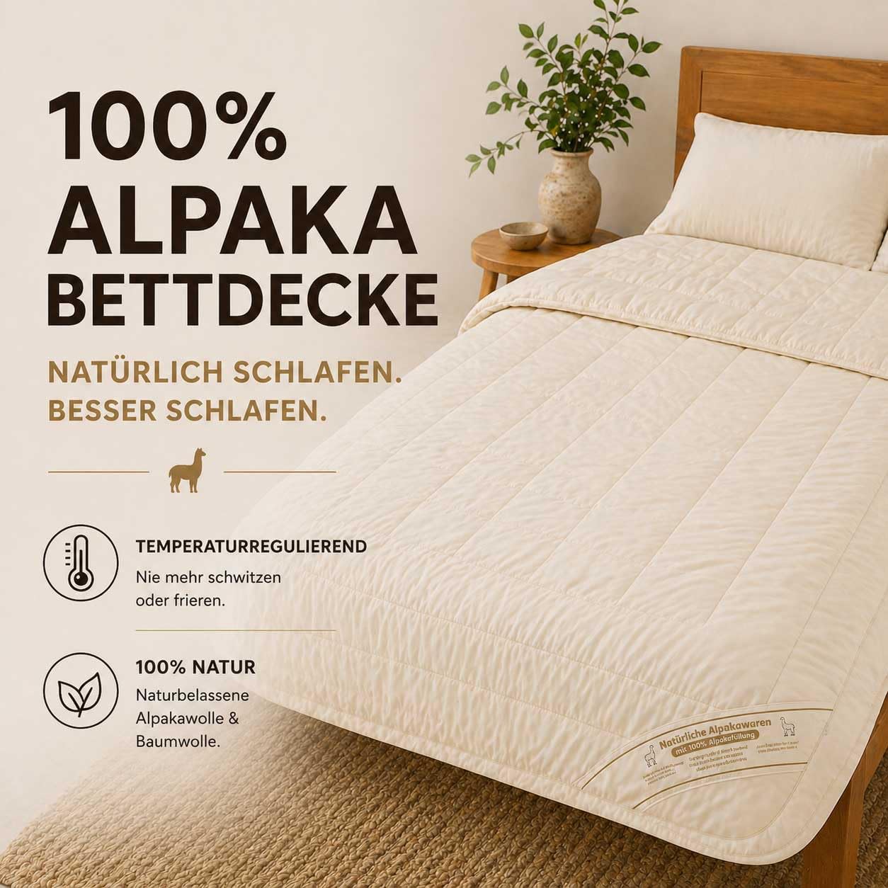 Alpaka Bettdecke Basic Line Ganzjahresdecke Bettdecke, 135x200cm, Füllung 100% Alpakawolle (1.100g), Bezug aus naturbelassener Baumwolle