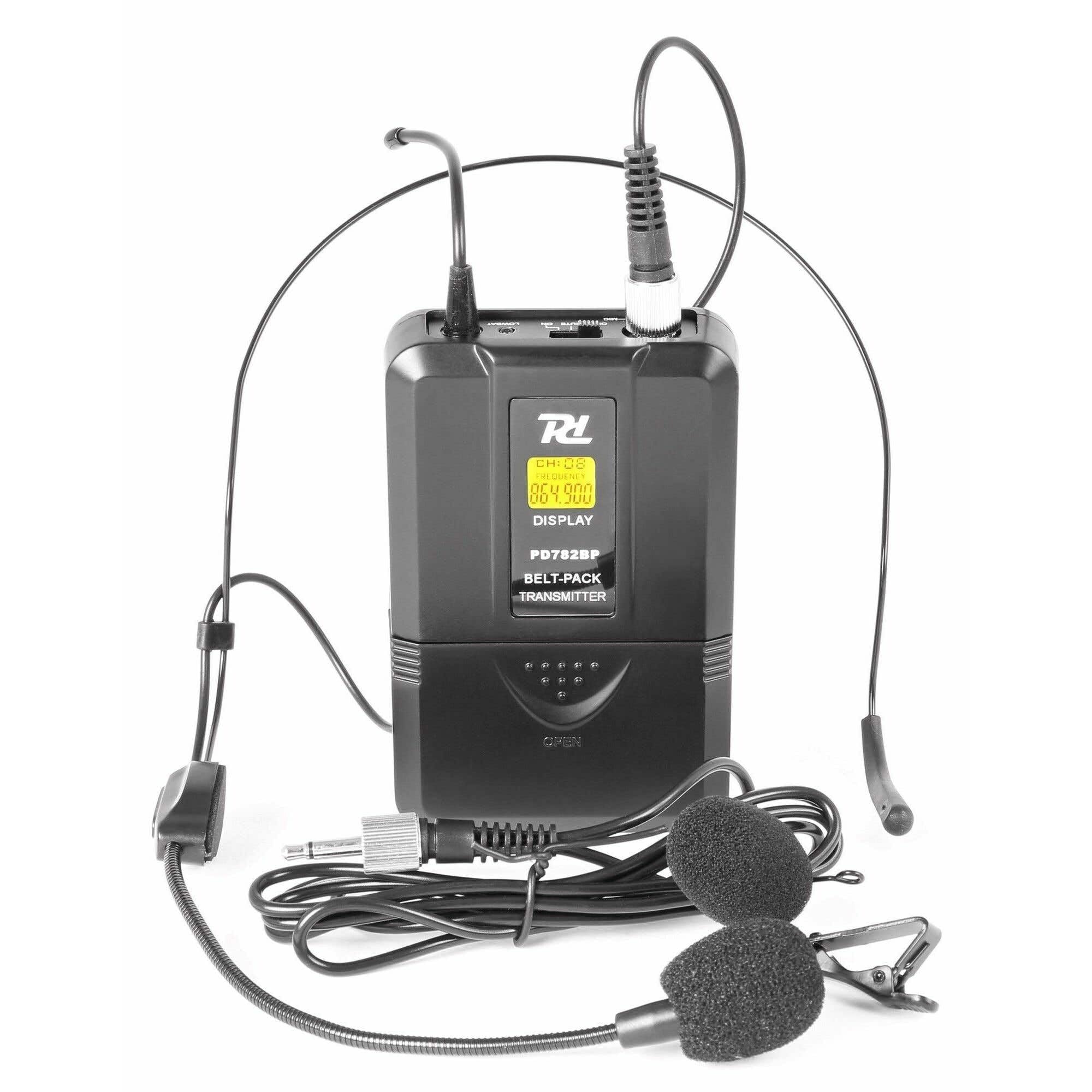 Power Dynamics PD782BP Petaca Transmisora para Micrófonos Inalámbricos de Serie PD780, con Microfono Solapa y Micrófono de Diadema Color Negro Incluidos, Petaca para Micro Inalambrico