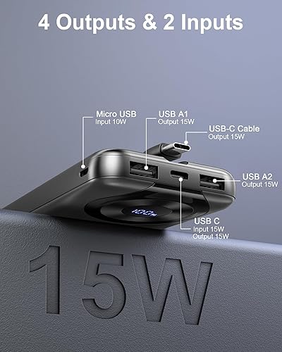 Miniatura 3 de Banco de energía de 10000 mAh, cargador portátil con cable integrado de carga de alta velocidad de 5 V3 A, 4 salidas y 2 entradas, pantalla LED