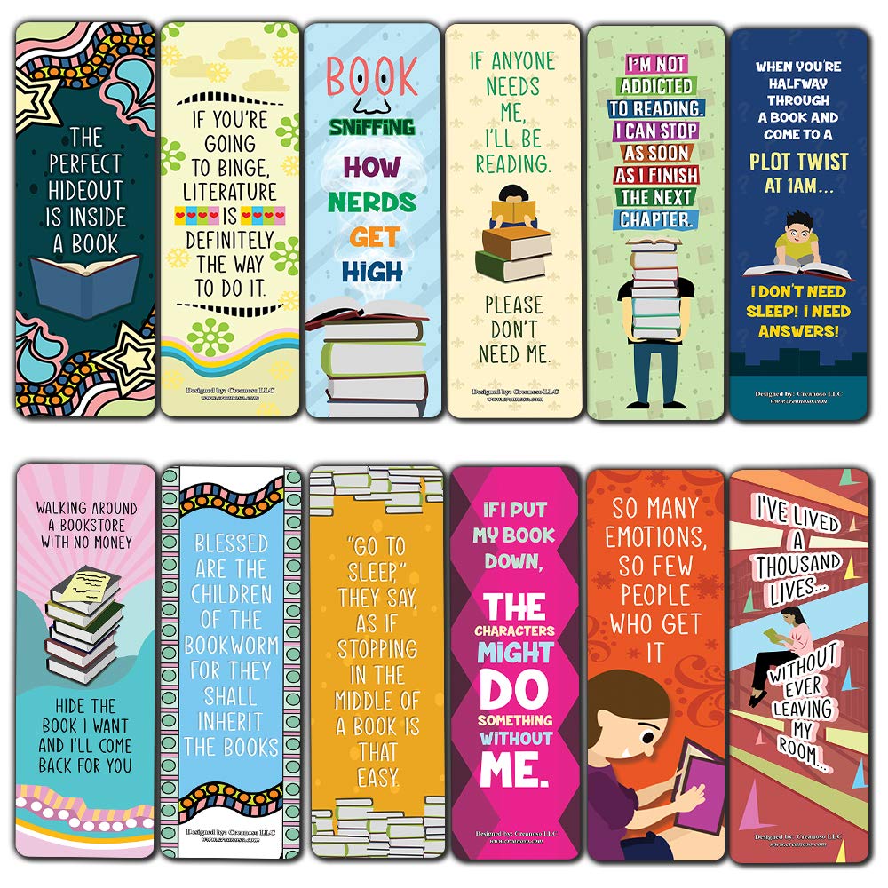 Creanoso Reading Bookmarks for Books (12-Pack) - Unique Teacher Stocking Stuffers Gifts for Boys, Girls, Kids, Teens, Students - Book Reading Clippers