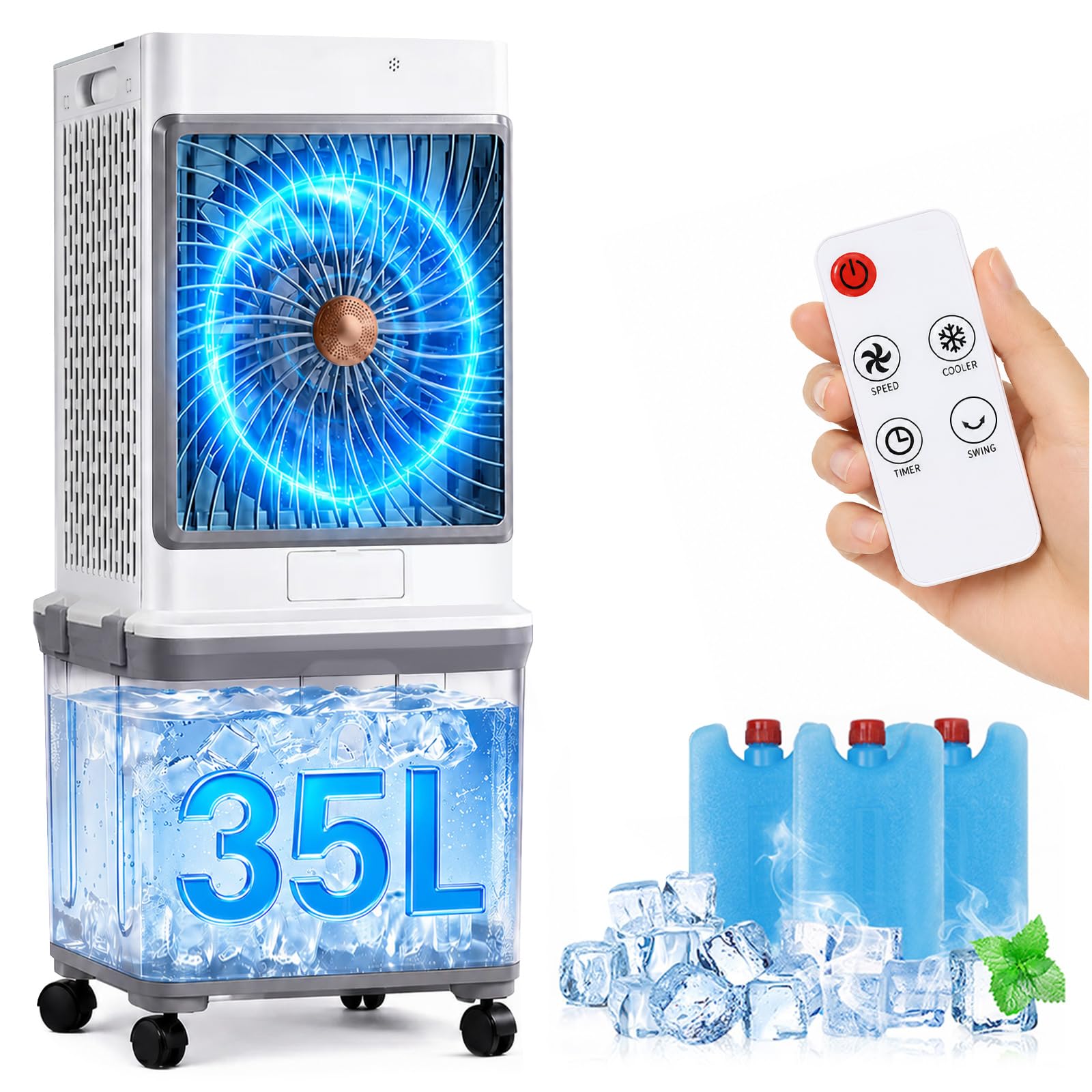 Luftkühler mit Wasserkühlung, 35L Wassertank und Fernbedienung | Mobile Klimaanlage ohne Abluftschlauch, 120° Oszillation Timer 3 Stufen 70W Verdunstungskühler für Wohnung Raum Wohnzimmer