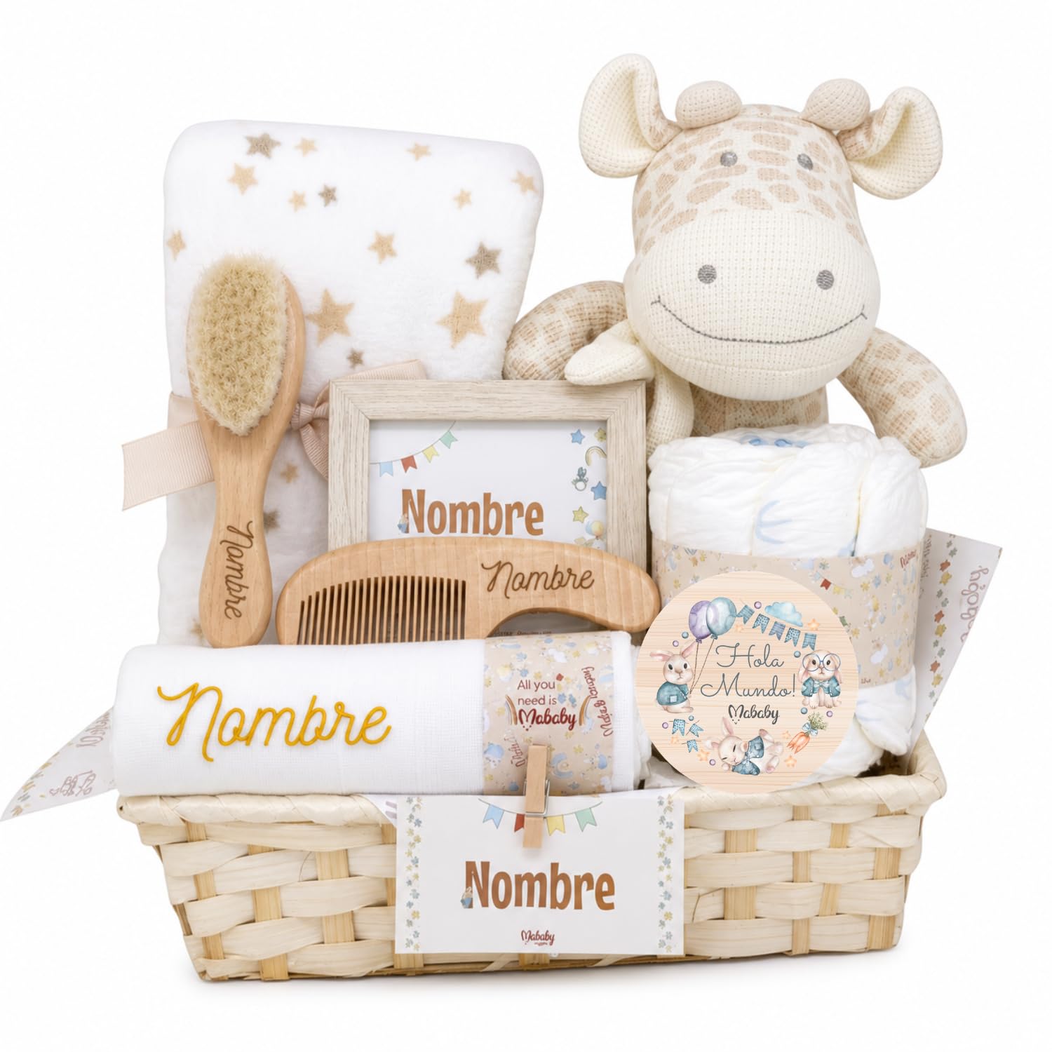 Cesta Bebé Personalizada Mi Jirafa, Regalo Recién Nacido con Manta Coralina, Peluche Jirafa, Cepillo y Peine Personalizados y Gasa Bordada