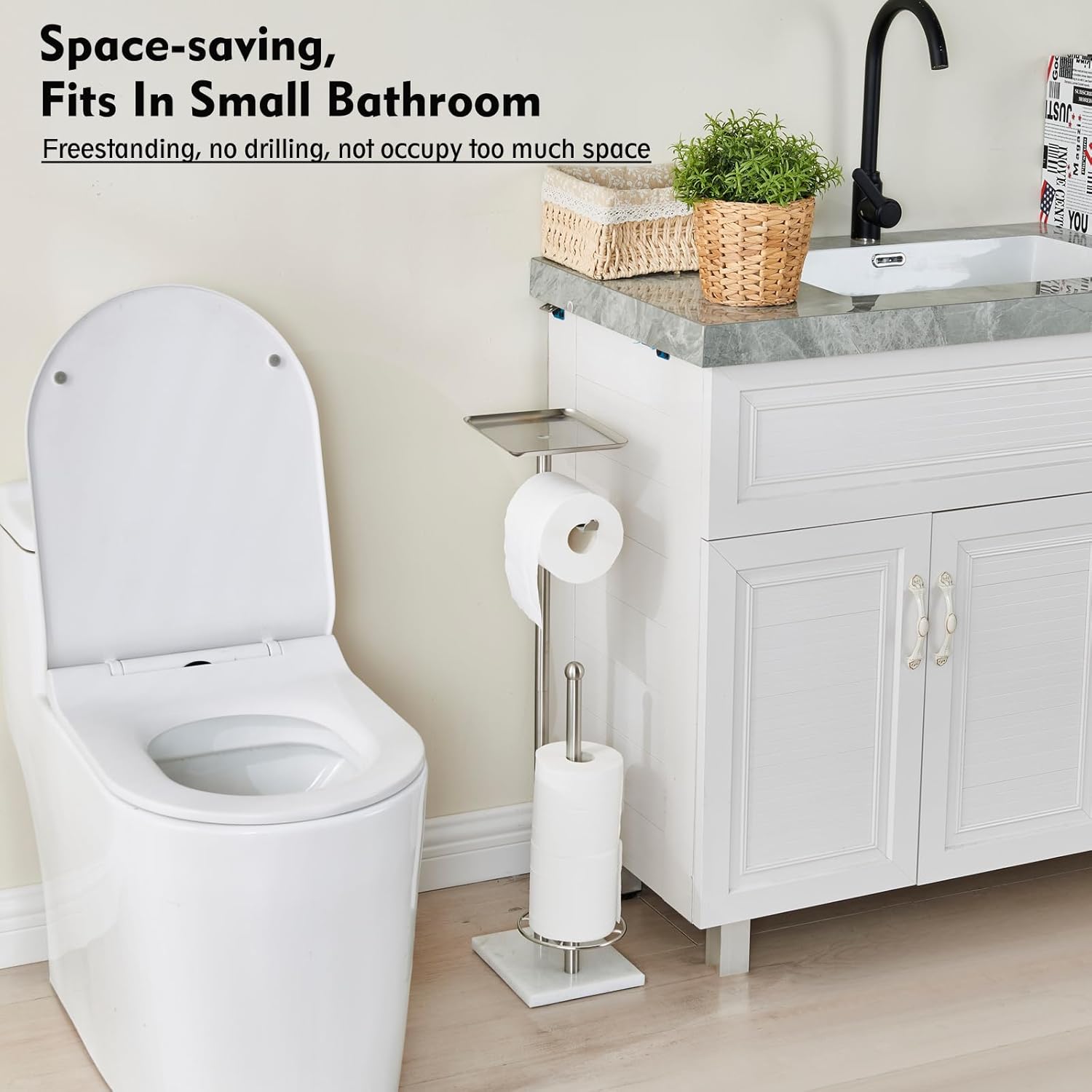 Toilet Paper Holder with Shelf, Free Standing Toilet Paper Holder with Storage - Toilet Paper Stand for Holding Extra 3 Rolls, Tissue Holder for Bathroom (Brushed Nickel with Marble Base)