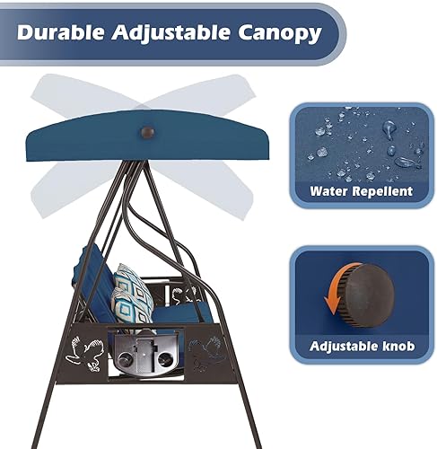 Miniatura 5 de Columpio de porche al aire libre de 3 asientos con soporte, columpio de patio con toldo, cama columpio de porche 2 en 1 y silla columpio de patio