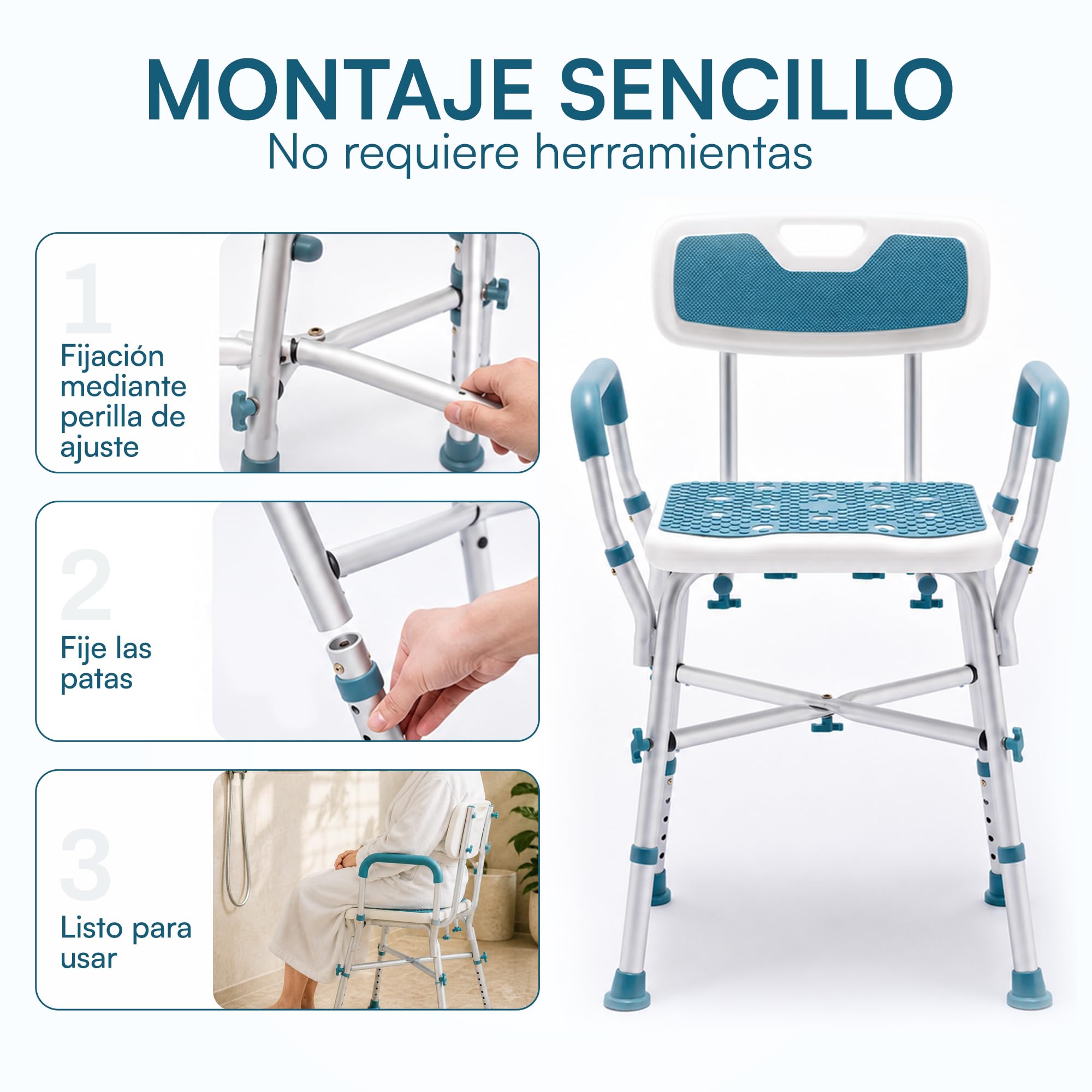 Silla de ducha con respaldo y reposabrazos, taburete de ducha ajustable en altura para personas mayores, asiento de ducha antideslizante con respaldo extraíble, taburete de baño para ducha y