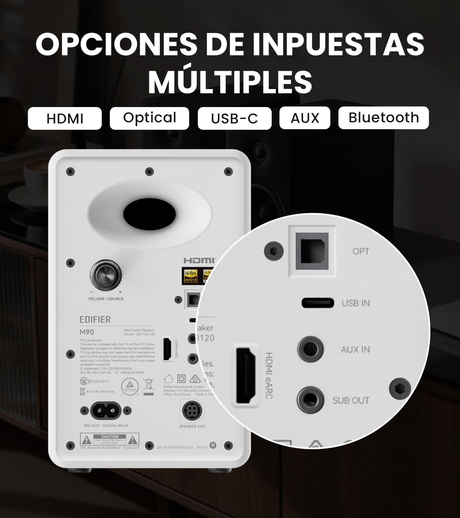 Edifier M90 Altavoces de estantería, 100W RMS Altavoces de Escritorio, Audio Hi-Res, LDAC, Bluetooth 6.0 Altavoces Compactos, HDMI eARC/Optical/USB-C/AUX Entrada, Control Remoto para TV/PC - Blanco