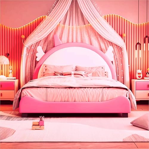 Miniatura 46 de Moderna base de cama de madera maciza de tamaño matrimonial para niños con cabecera en forma de corona, marco de cama tapizado de princesa con luces