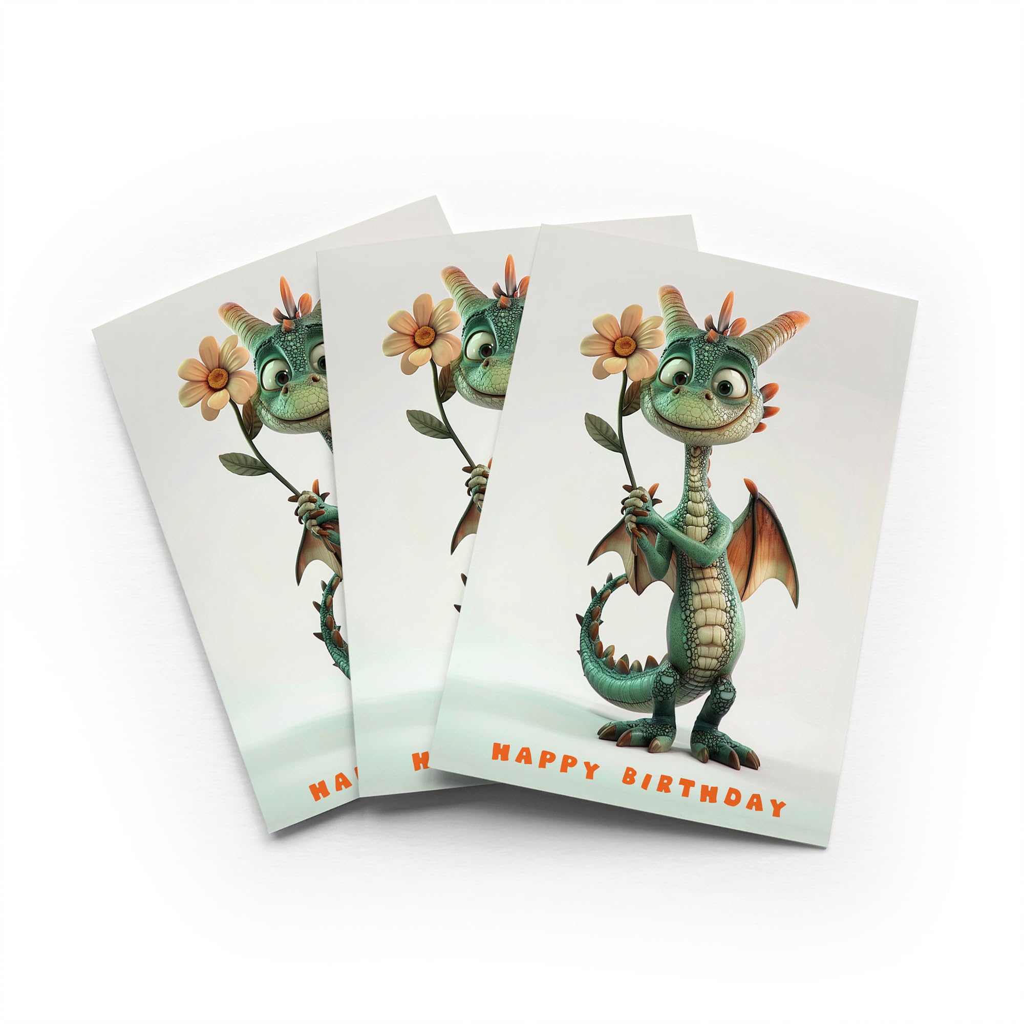 Cute Dragon Birthday Card Daisy Cartoon Set of 3 Greeting Cards Blank Inside 5x7 Inch 13x18 cm