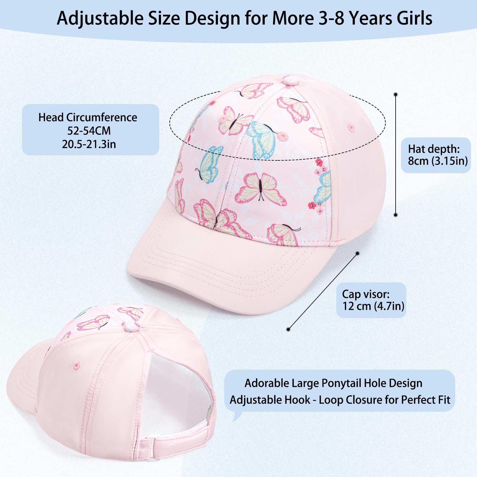 Gorra Niña para 6-8 Años, Béisbol Visera con Agujero para Coleta, Ajustable, Protección Solar UV, Gorro Trucker Verano Primavera 53CM – Regalo para Niñas