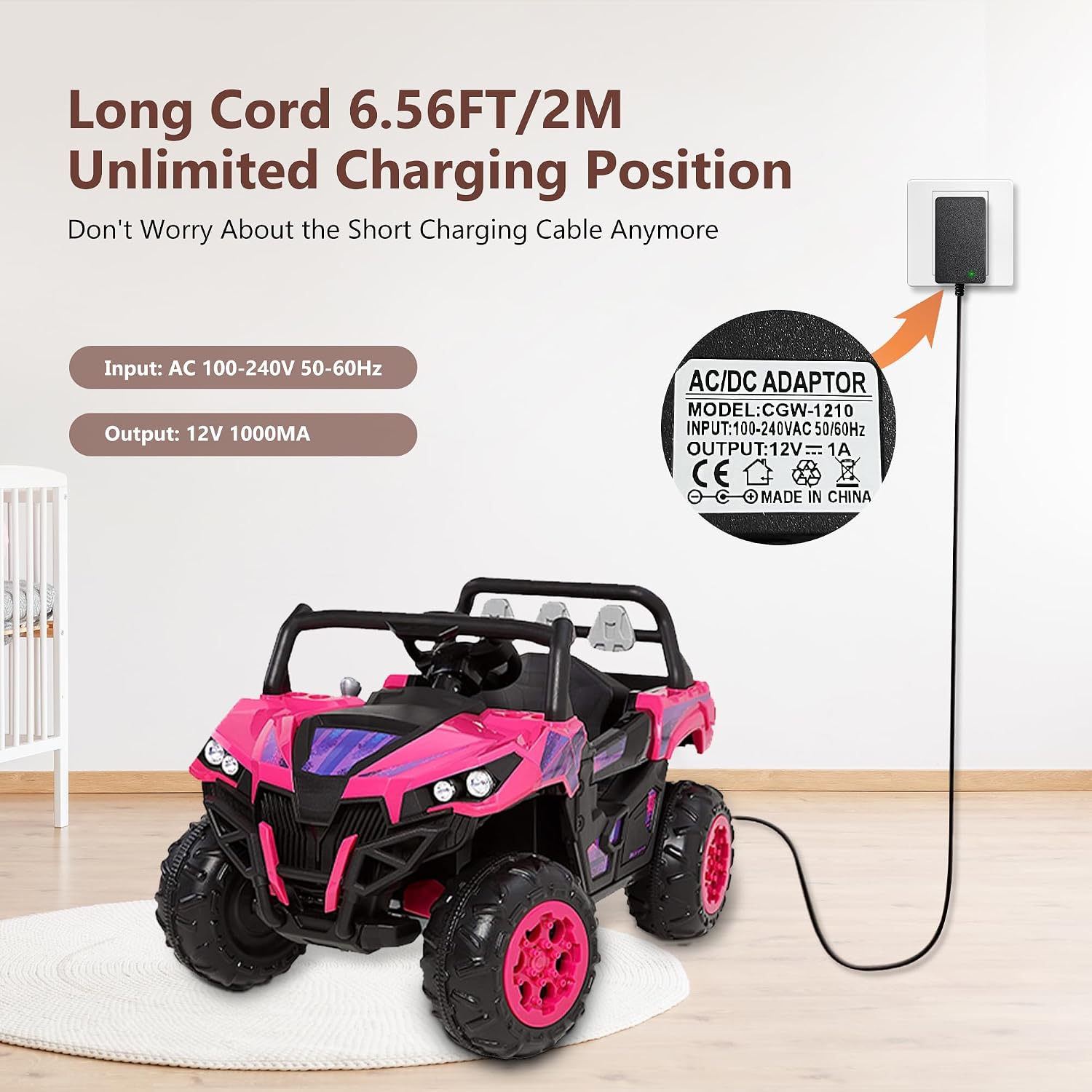 12V Power Wheels Battery Adapter charger for Fisher-Price 12V Ride-On Toys, Barbie Jeep, Ford Raptor, Dodge, Dune Racer 6.6FT Power Cord with LED Indicator, Compatible with Gray & Orange Top Batteries