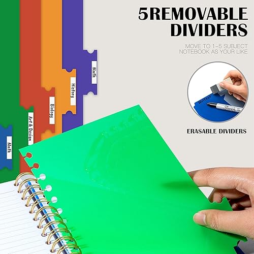 Miniatura 2 de CAGIE Cuaderno de 5 materias con rayas universitarias de 8.5 x 11 pulgadas, cuaderno de tapa dura con 5 divisores de colores extraíbles, 240