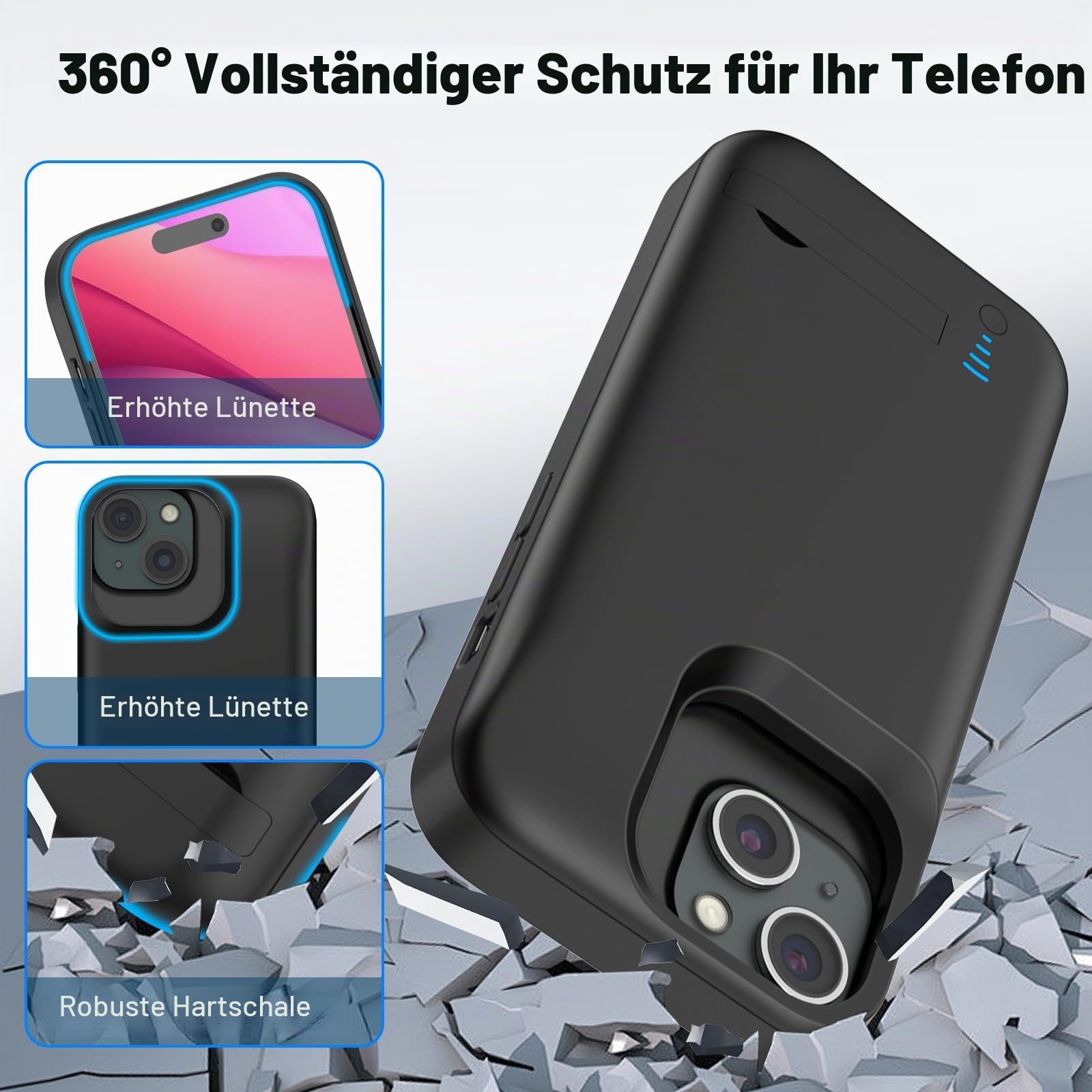 Akku-Hülle für iPhone 15, Echtes 8500 mAh, Schmal, Wiederaufladbar, Erweitertes Ladegerät, Ladehülle Mit Ständer, Tragbare Schützende Powerbank für iPhone 15, 6,1 Zoll – Schwarz