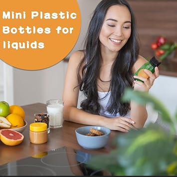42 Pcs 2oz Plastic Bottles for Liquids, Mini Jars with Lids juice shot bottles with caps with Scale and Labels for Juice Ginger Sauce Bulk Portable Travel