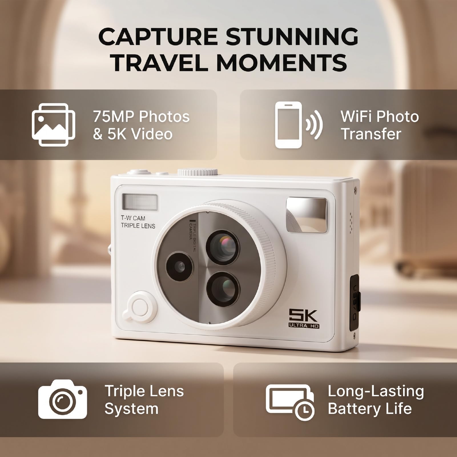 XUMIUZIY Fotocamera Mirrorless Digitale 5K 75MP con Triplo Obiettivo, Bianca