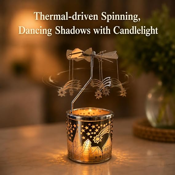 kingnero Carousel Candle Tea Light Holder Rotary Candle Holder Spinning Candleholder Metal Windmill Candlestick for Home Decor (Meteor)