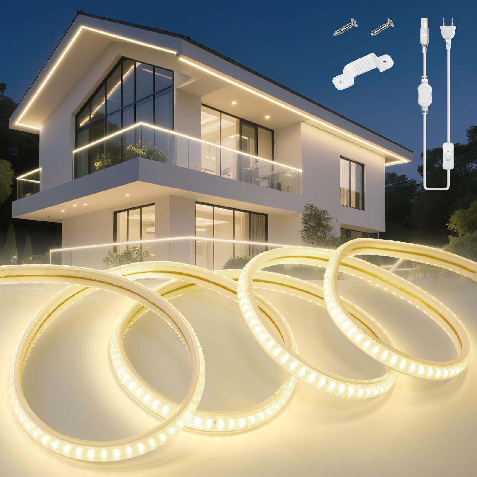 KSIBNW LED Streifen Aussenbereich 20M, 230V Neon LED Strip Wasserdicht IP65 Schlauch Neutralweiß 4000K Leiste Band Flexibel Outdoor 145LEDs/M Lichtleiste mit Netzteil und Stecker für Außen Innen Deko