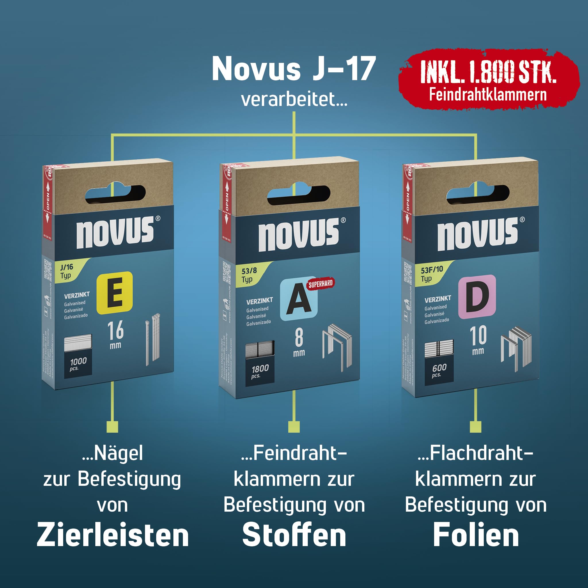 NOVUS TOOLS Set di 1800 graffette a mano J-17 per legno, tessuti e pellicole con alloggiamento in plastica ABS per filo fine e filo piatto 6-14 mm e chiodi 16 mm