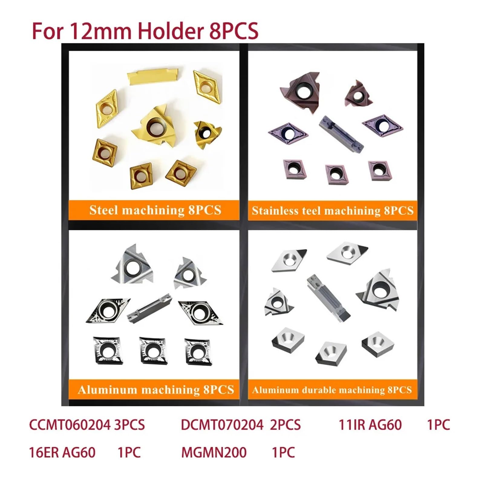 EDEDE Drehmeißel Set, Gemischte Einsätze Set CNC-Drehmaschine Drehwerkzeughalter Bohrstange Hartmetall/PCD-Einsätze for Metalldrehen Gewindeschneiden Einstechen(12mm Holder 8PCS,Aluminum)