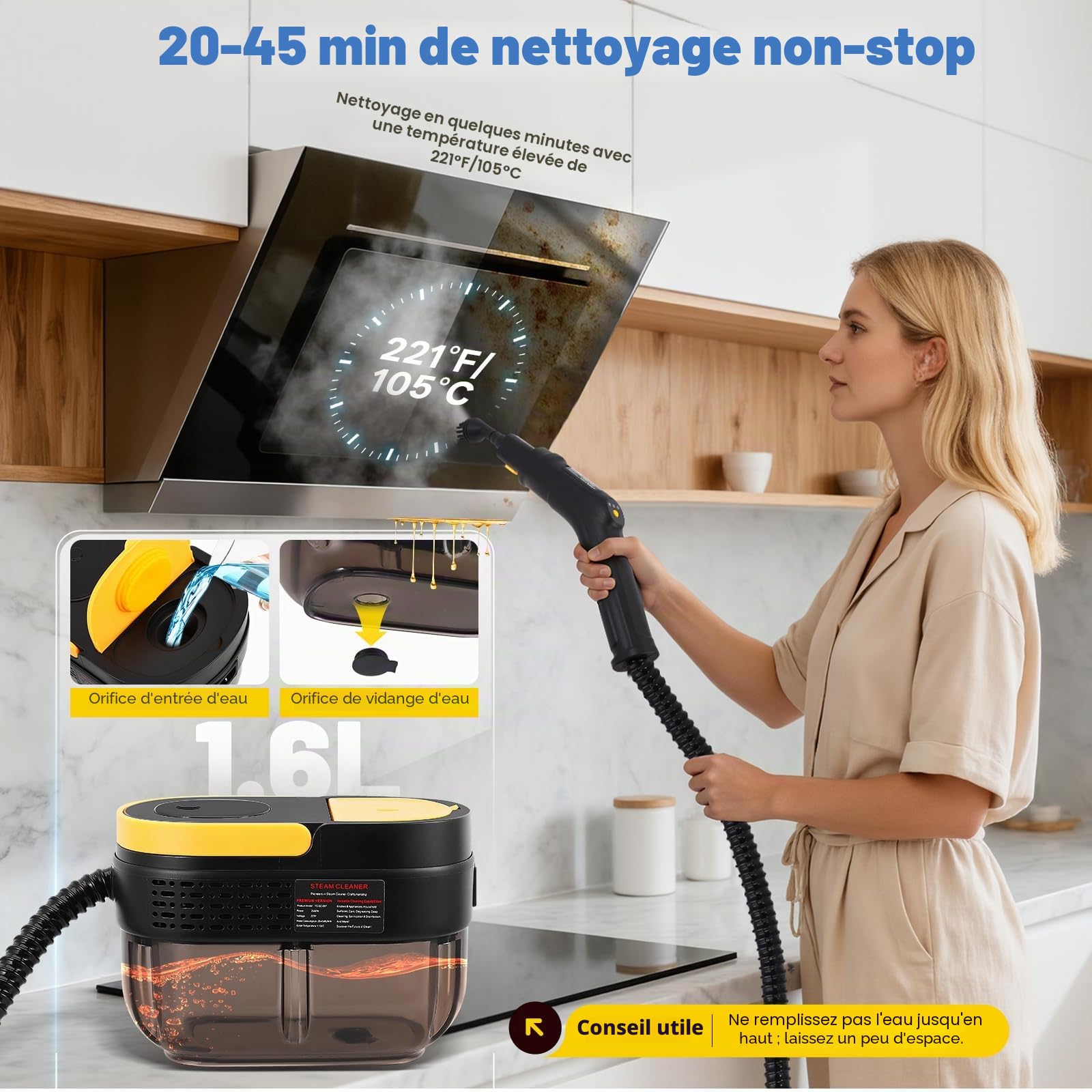Dampfreiniger, 2500W Dampfgarer zum Reinigen, Dampfreiniger Handgerät für Zuhause, Auto-Detailing-Dampfreiniger mit Controller, Tragbare Steam Cleaner für Fenster, Küche (Yellow)