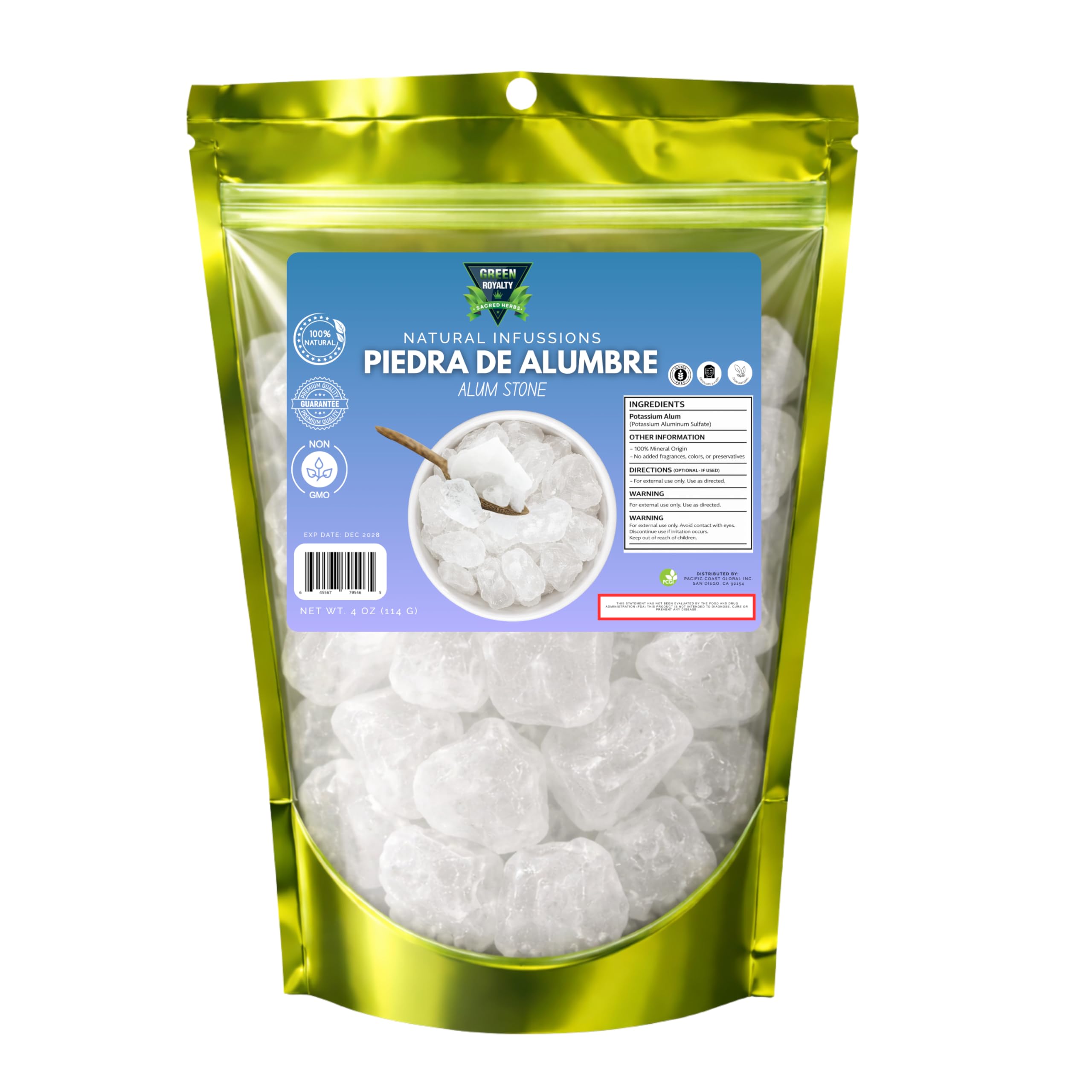 GREEN ROYALTY Alum Stone (Piedra de Alumbre) 4 oz - Multi-Purpose Crystal for Skin Care and Healing - Natural Deodorant & Antiperspirant | Shaving Stone.