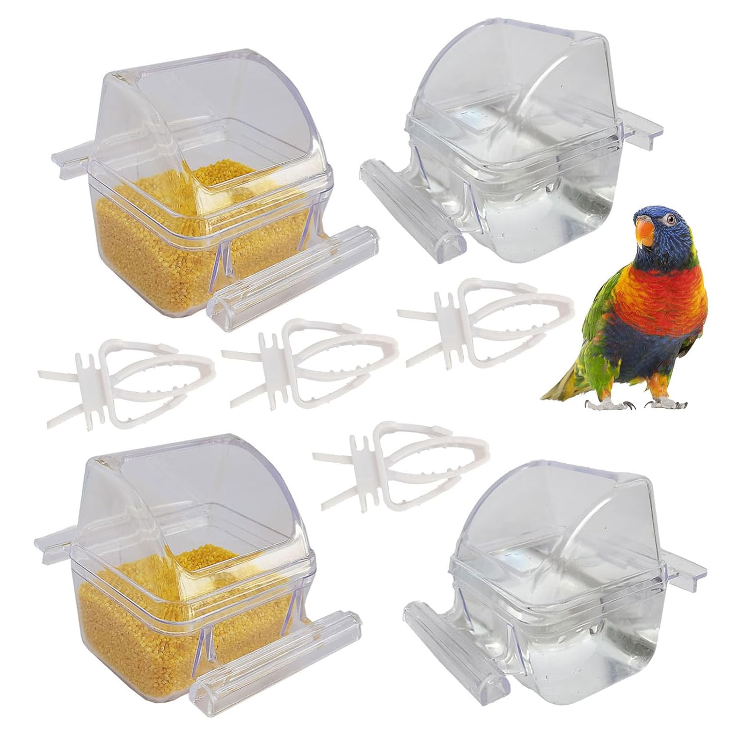 4 Pack Bird Feeders for Cage No Mess Parakeet Food Bowl with Cover Clear Hanging Parrot Water Dispenser Perch Cup Waterer Bird Dishes Seed Cage Cups Slot Replacement Feeder Bowls