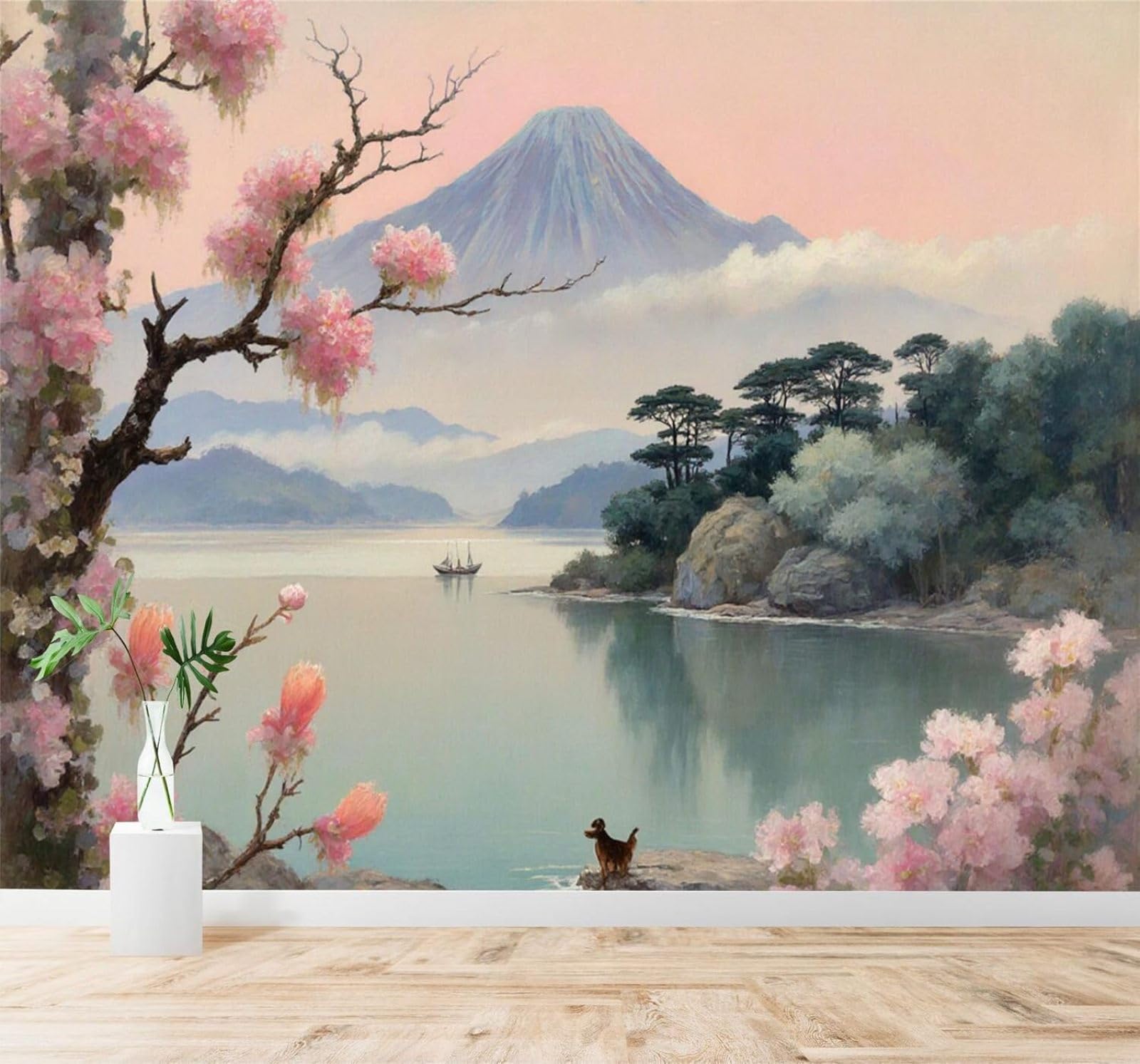 Xlming 400Cm×280Cm(B×H) Beautiful Serene Lake Pink Cherry Blossoms Landscape 3D Wallpaper Silky Texture Home Study Office Grey Dining Room Sofa Bedroom Living Room Tv Backdrop-400Cm×280Cm