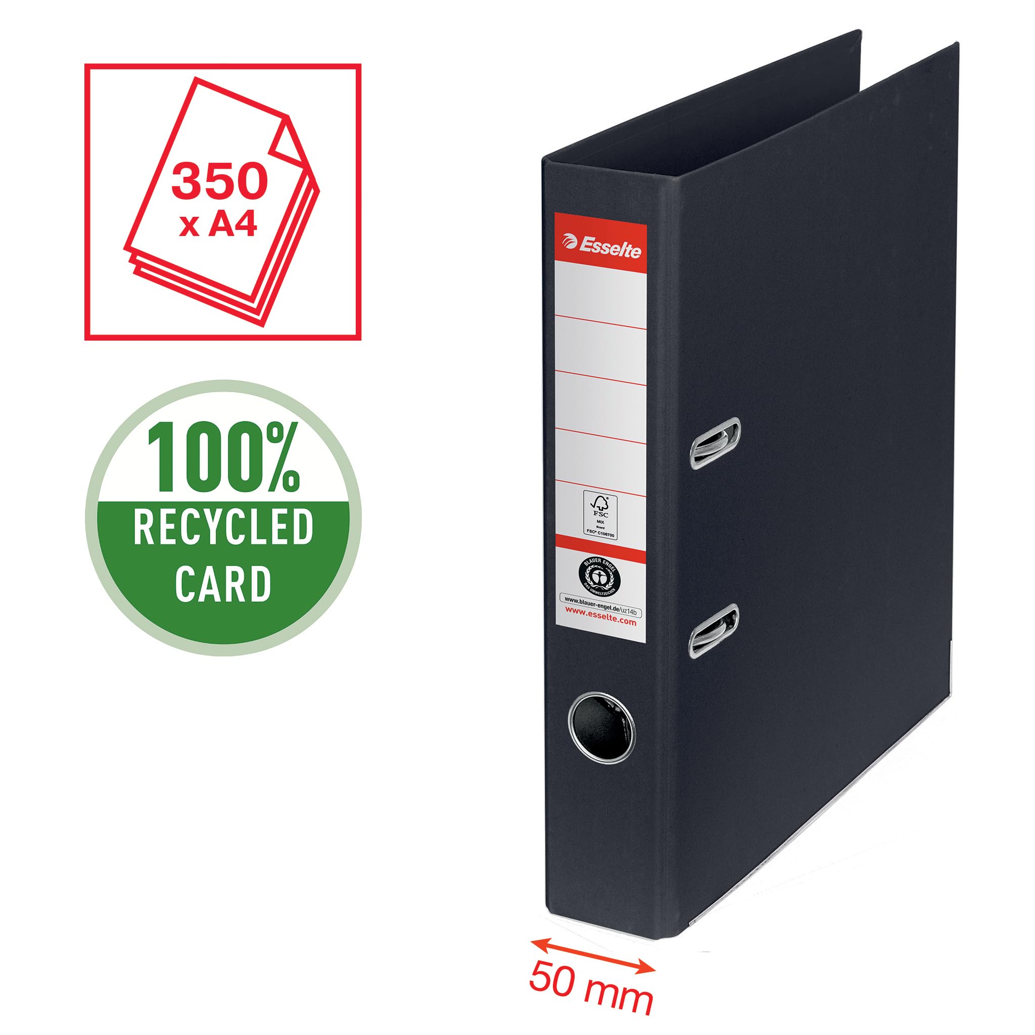 Esselte Raccoglitore a leva, capacità 350 fogli A4 (80 g/m²), 100% carta riciclata, nero, 627576