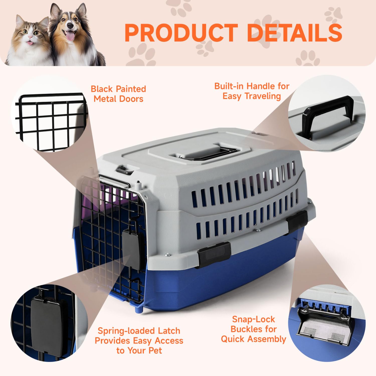 Nobleza Transportín para Gatos y Perros Mediano - Transportín de Plástico Portátil y Transpirable， Certificado para Viajes en Avión， 58x38.7x33 cm， Azul & Gris