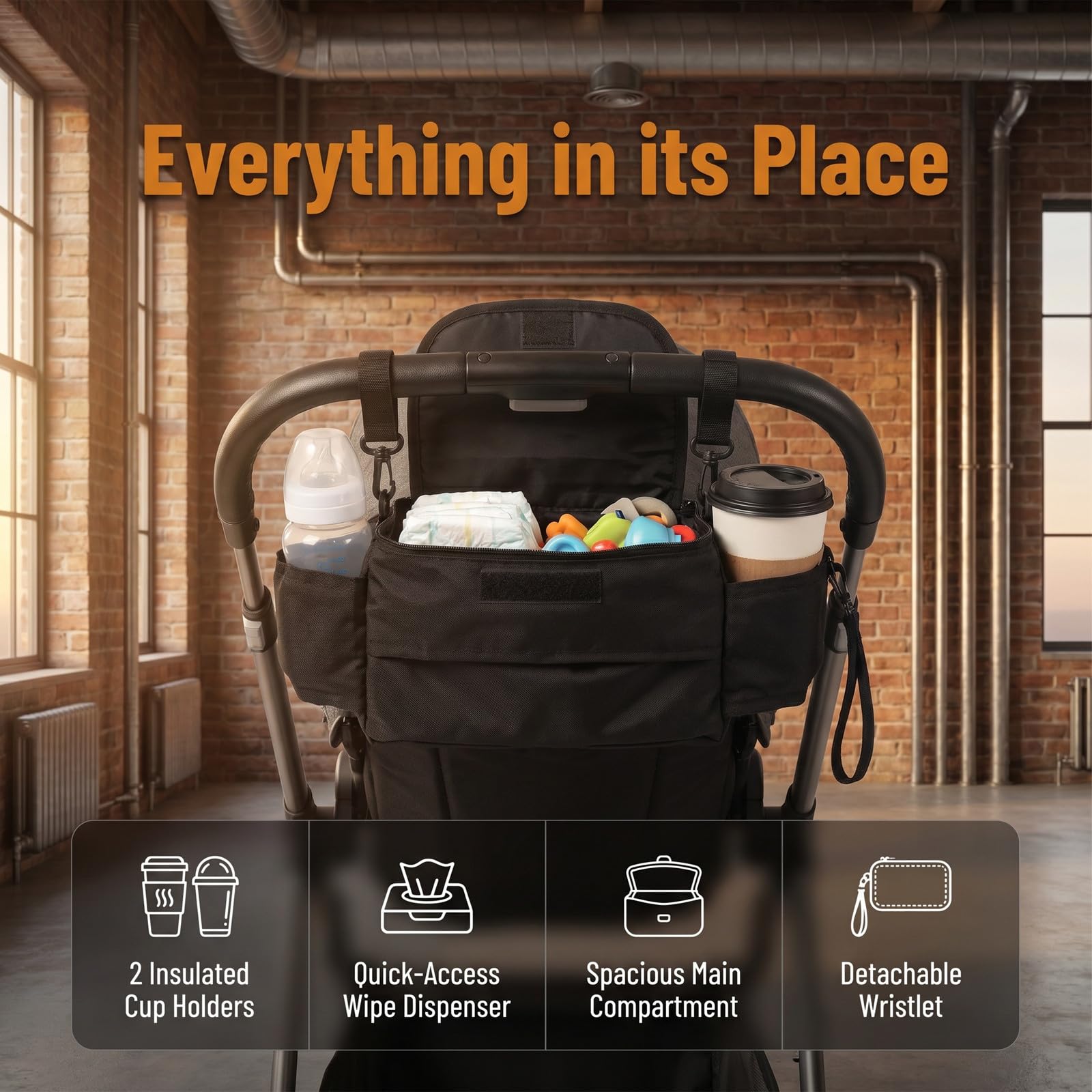 Lurrose Organizzatore per passeggino con portabicchieri: borsa portaoggetti impermeabile per passeggino - Contenitore capiente per pannolini, telefono e salviettine umidificate - Cinghie regolabili e