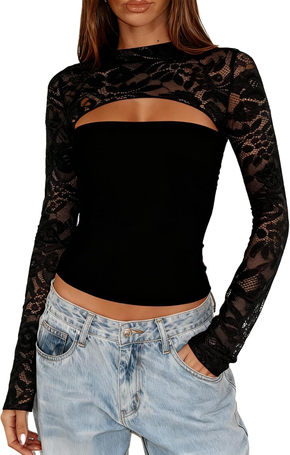 ZEXIGLAD Women’s Lace Long Sleeve Going Out Top Sexy Cut Out Y2K Crew Neck Club Party Night Out Tops Mesh Lace Blouse Shirt