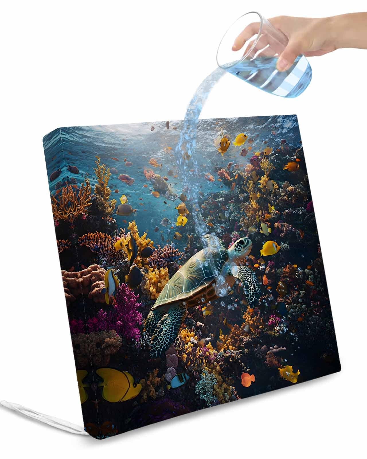 2 Pack Turtle Waterproof Cushion Covers with Ties, Outdoor Patio Chaise Lounge Chair Seat Cushion Slip Covers Replacement(Only Cover) Ocean Coral Sea Fish Modern Summer Animal 24