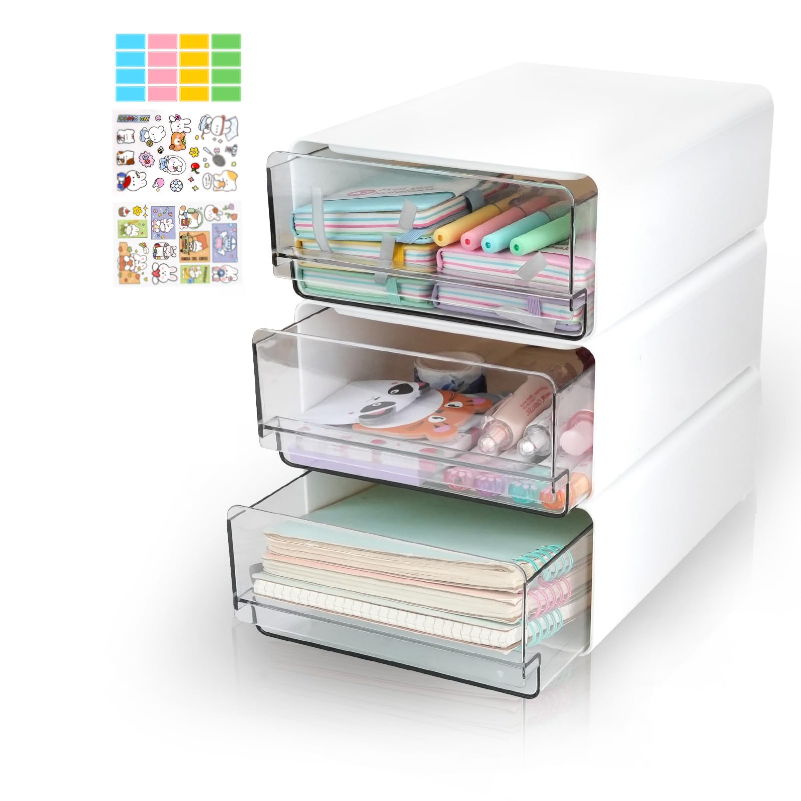 Stackable Desk Organiser with Drawers, 3Tier Plastic Storage Drawer Units Compact Desktop Stationary Makeup Organizer Box with Labels, Large Capacity Table Organization for Home Office Bathroom (3 w)