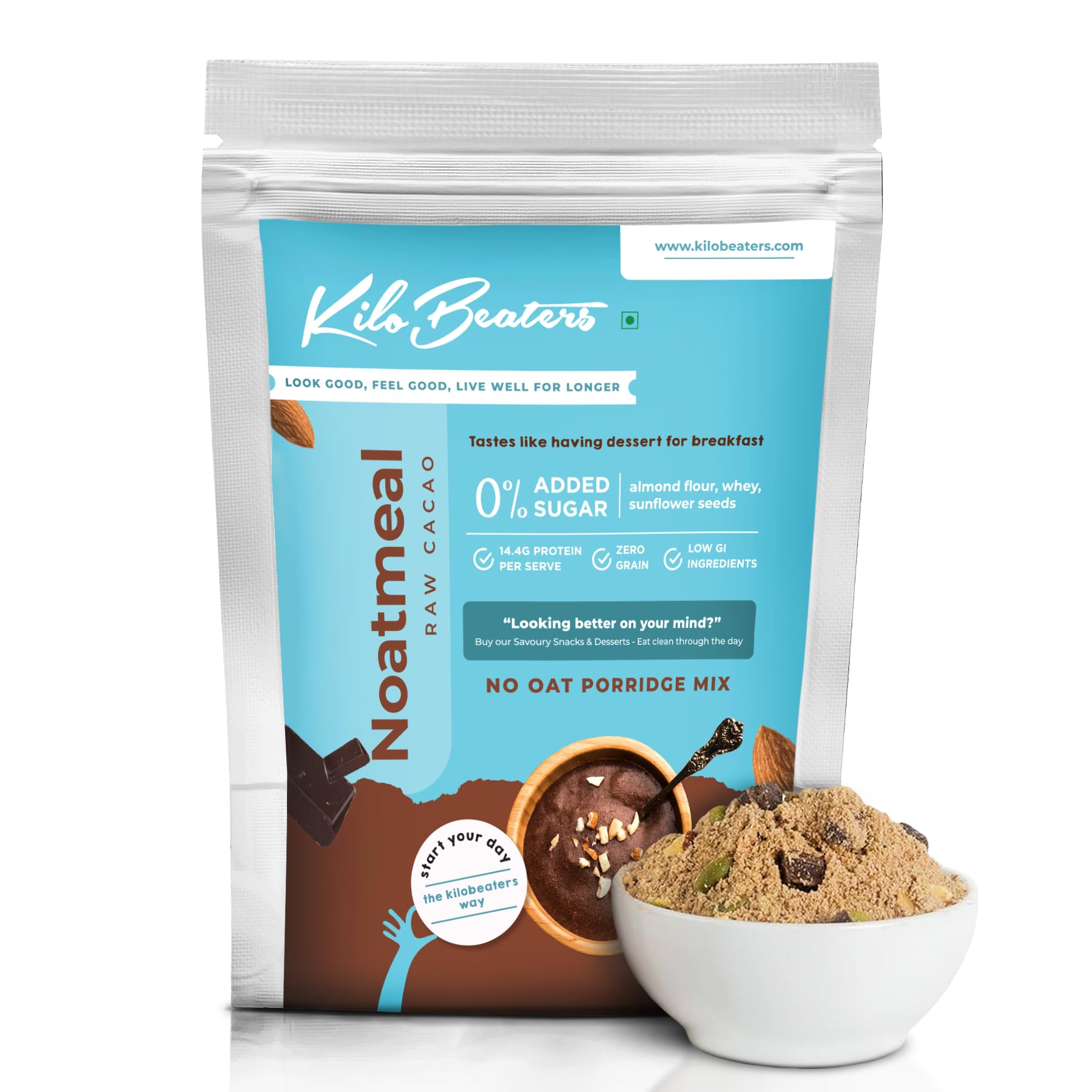 Kilobeaters Noatmeal, Low Carb Breakfast Cereals With High Protein, No Oats, No Added Sugar, Diet Food, Raw Cacao (600 gm) Pack of 1