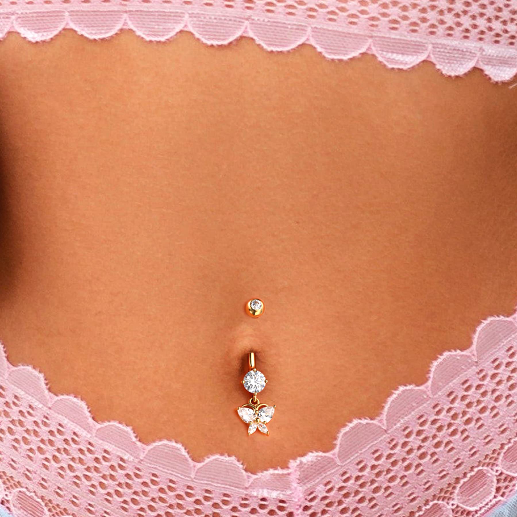 Melighting Piercing de ombligo de oro macizo de 14 quilates, con diseño de mariposa, con rosca externa, para mujer, Oro amarillo, Circonia cúbica