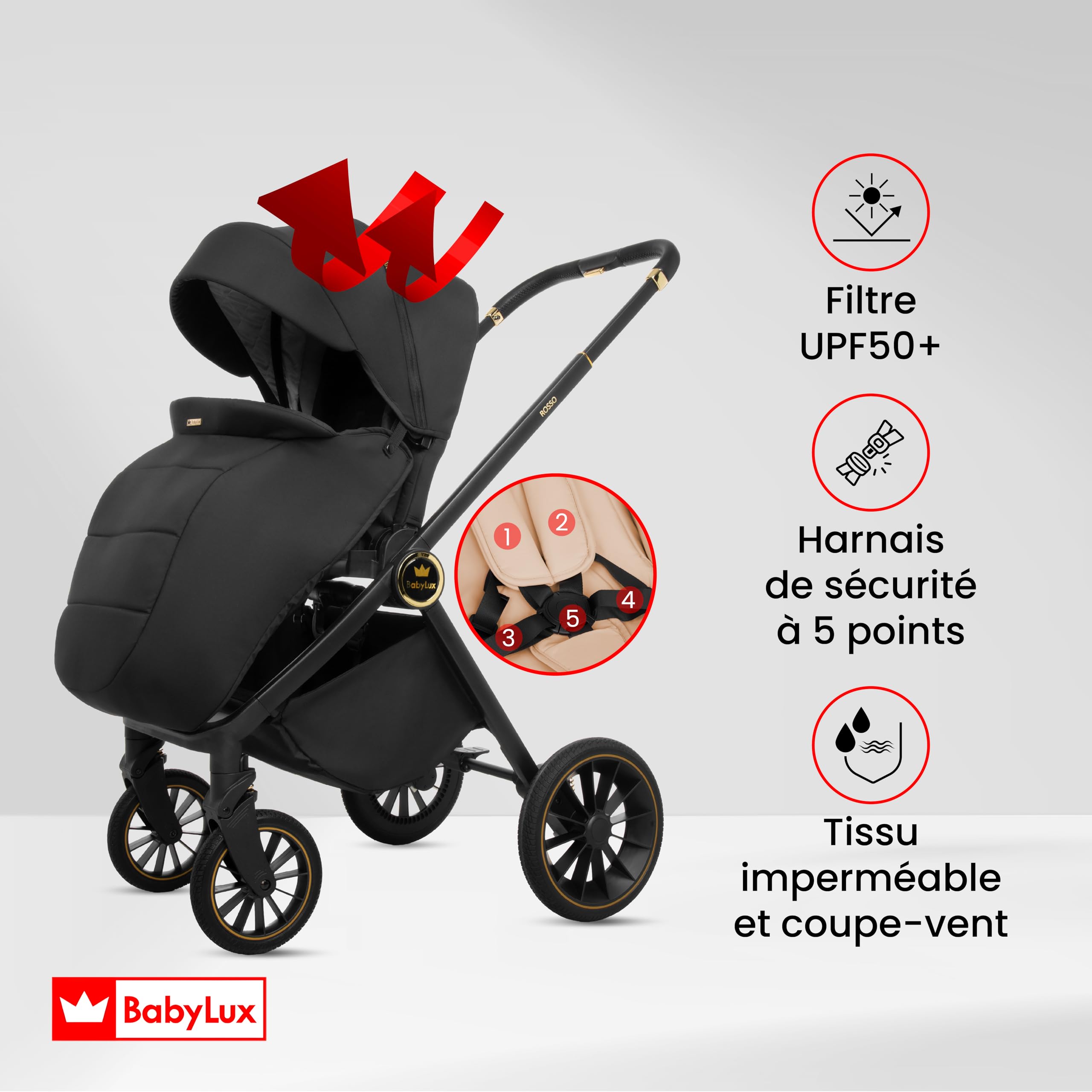BabyLux Poussette 3en1 Set Rosse, Pliable Léger Poussettes Combinées Baignoire Bébé, Buggy Siège Sport, Coque Bébé I-Size, 4 Positions Couchage, 0-22kg