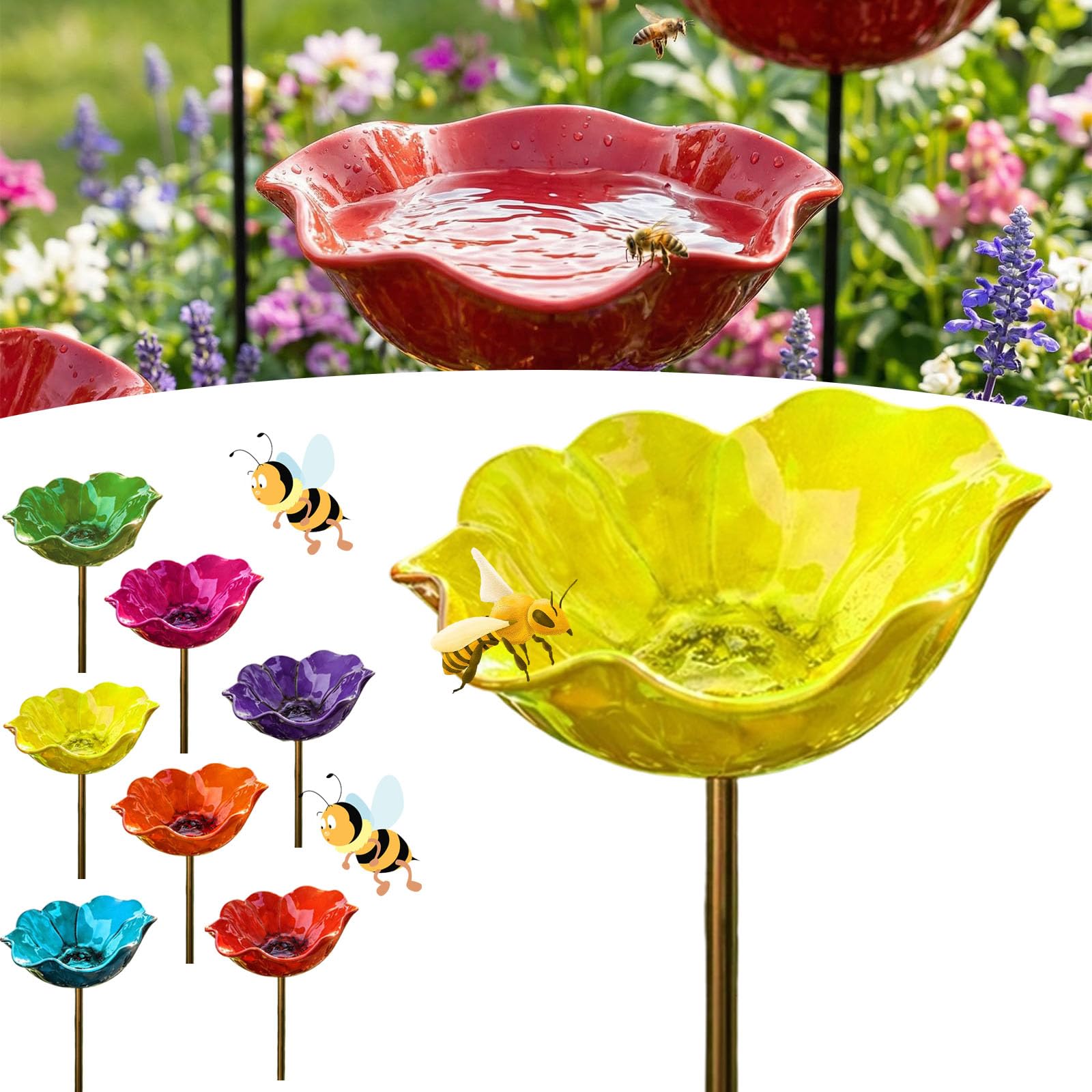 Flower Bee Watering Station, Handmade Metal Ceramic Flowers Bee Bath for Garden, 60cm Metal Bee Water Feeder, Stake Bird Bath for Yard Decor, Decorative Garden Stakes (1PC-E)