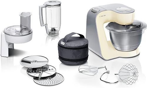 Bosch MUM5 wielofunkcyjny robot kuchenny, 1000W, maszynka do krojenia i ubijania, mikser planetarny, hak do ciasta, rozdrabniacz do owoców i warzyw, misa 3,9l, kolor beżowy, srebrny, MUM58920