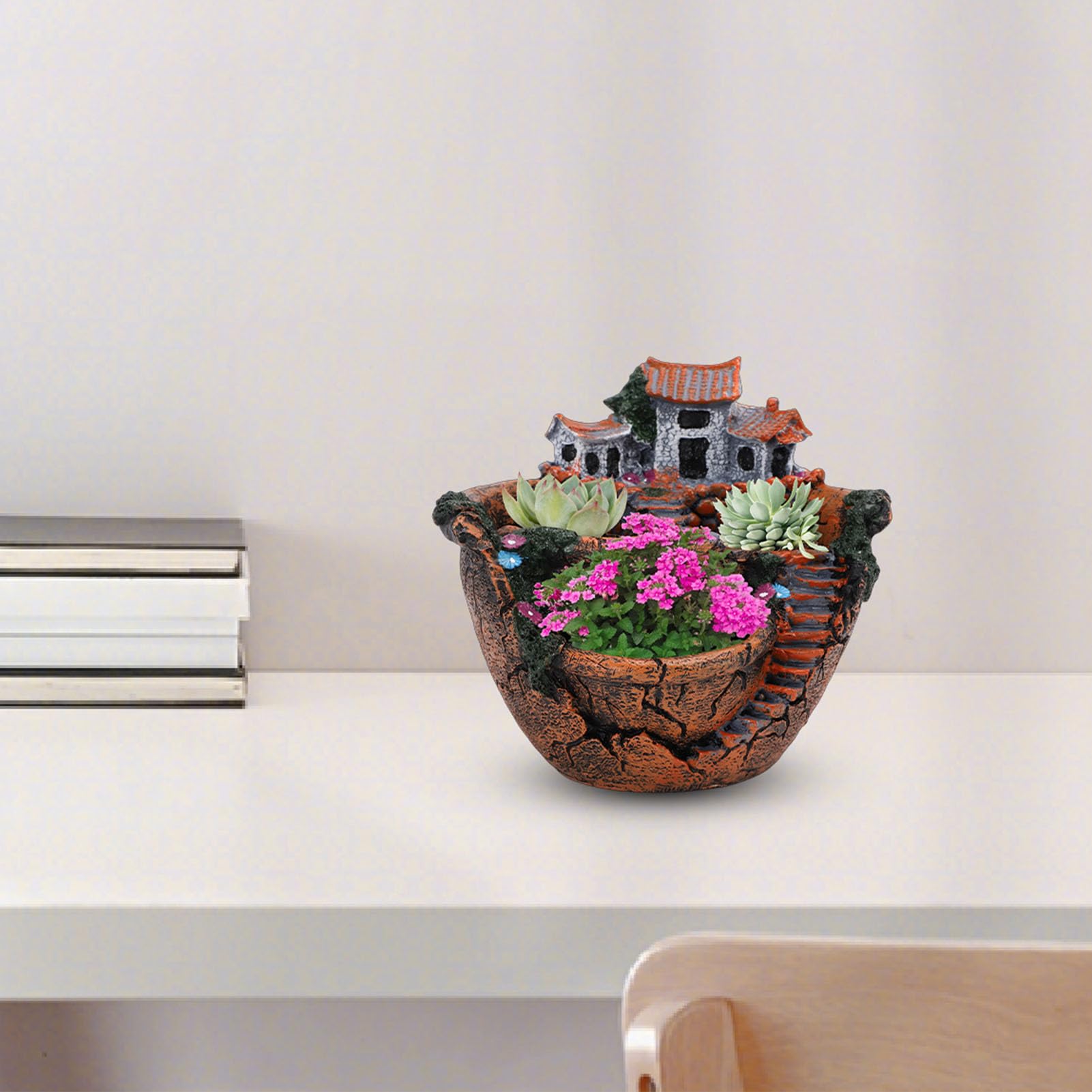 Feengarten-Pflanzgefäß, Miniatur-Landschafts-Hängeharz-Pflanzgefäß für Sukkulenten mit Gemütlichem Cottage-Design, für Heimbüro-Balkondekoration
