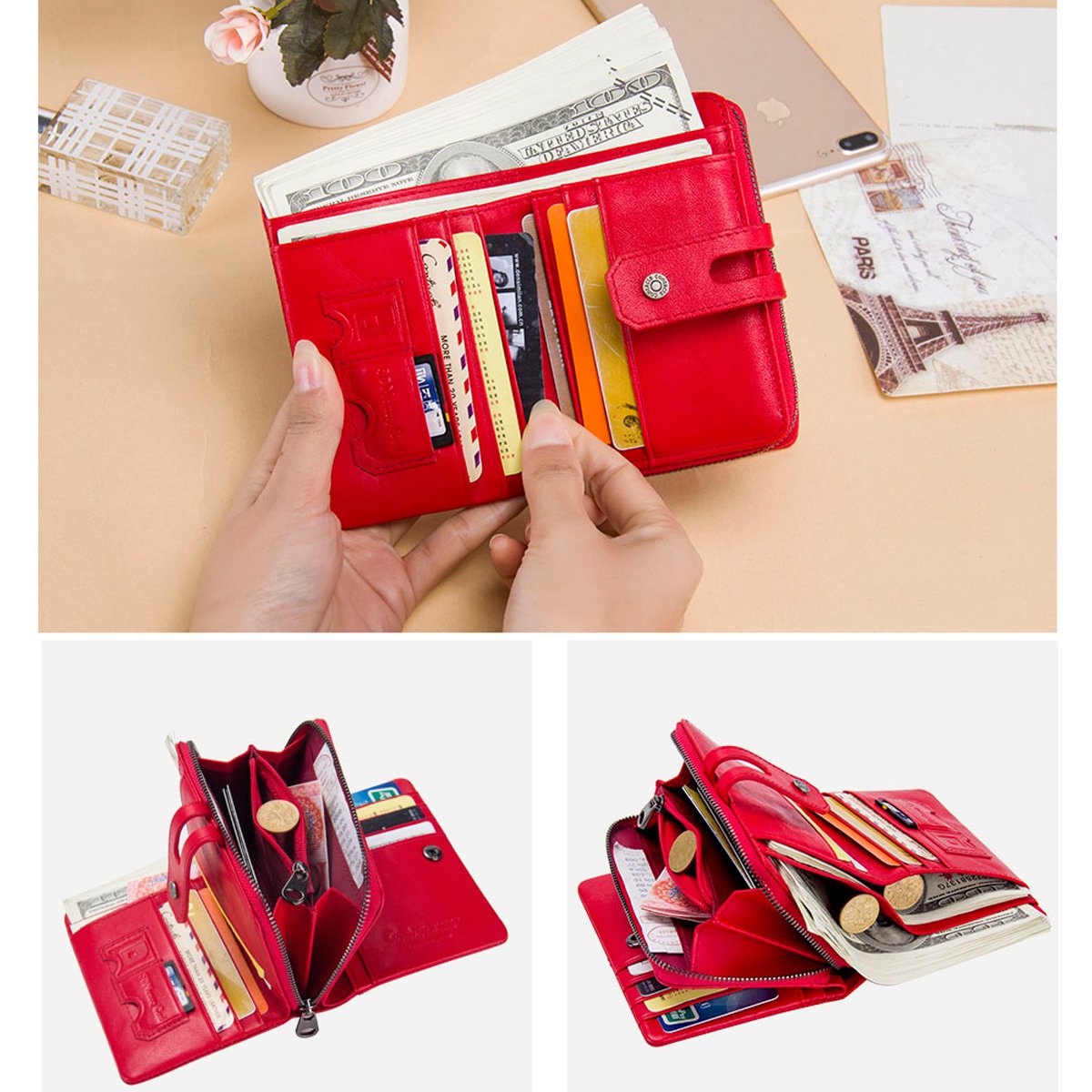 Contacts Vera pelle Womens Trifold Portamonete Portafoglio Zipper Purse Portafoglio