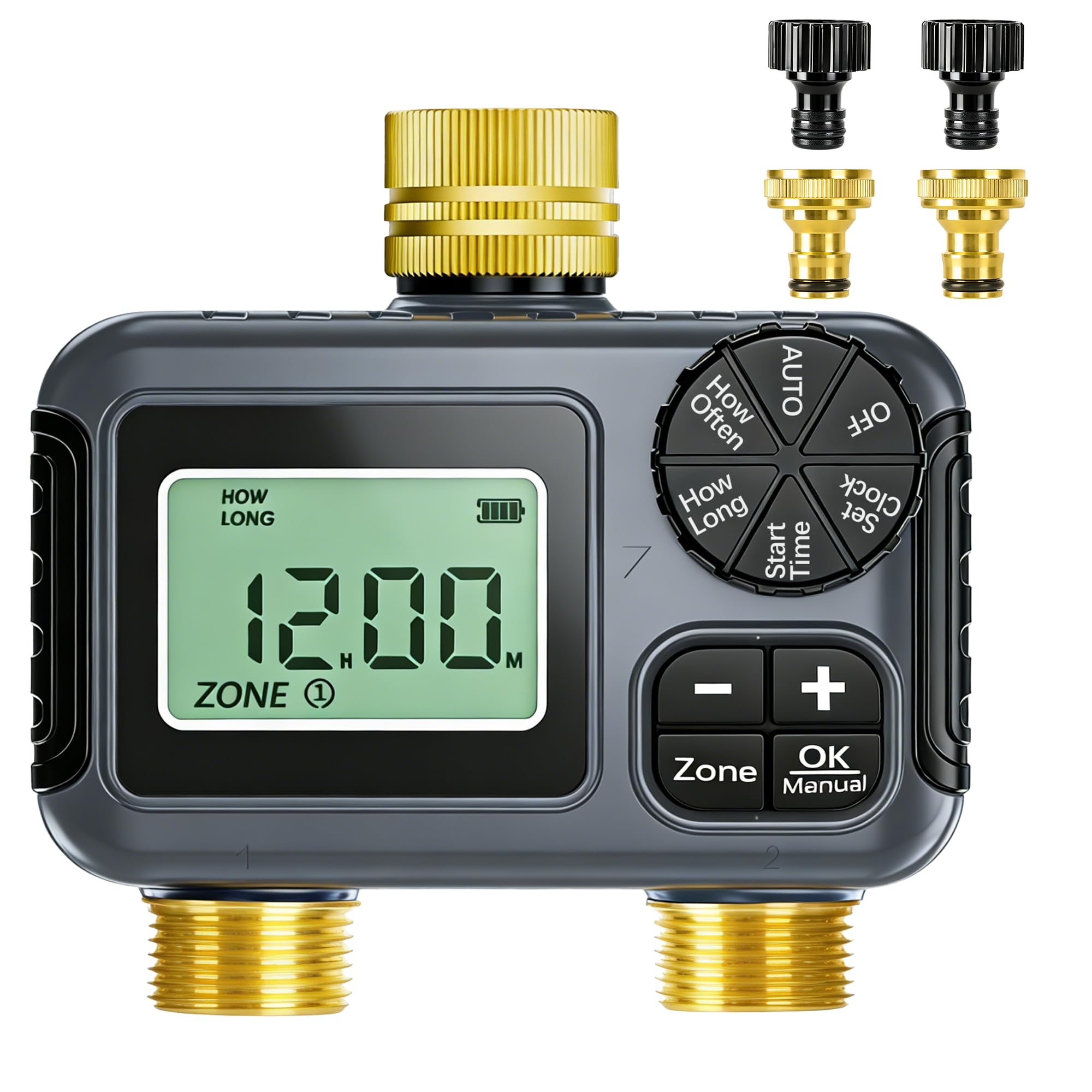 IPX5 Programmateur Arrosage 2 Voies Avec Entrée en Laiton, Grand écran LCD,Temporizador con Retardo por Lluvia y Modo Manual para Jardín